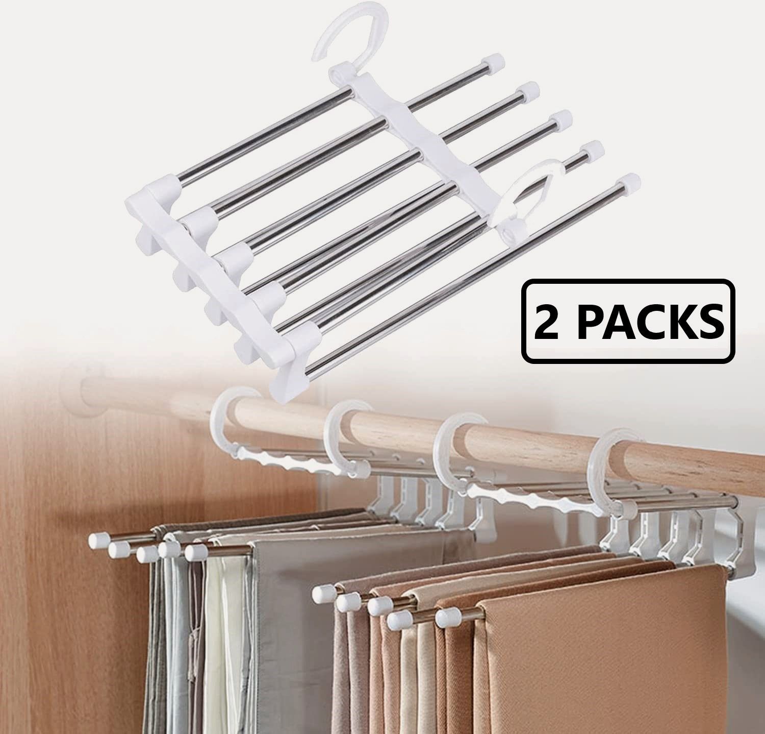 2 Pack Stainless Steel Adjustable 5 in 1 Pants Hangers Non-Slip Space Saving view 2