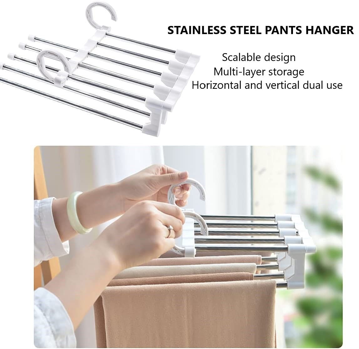 2 Pack Stainless Steel Adjustable 5 in 1 Pants Hangers Non-Slip Space Saving view 3