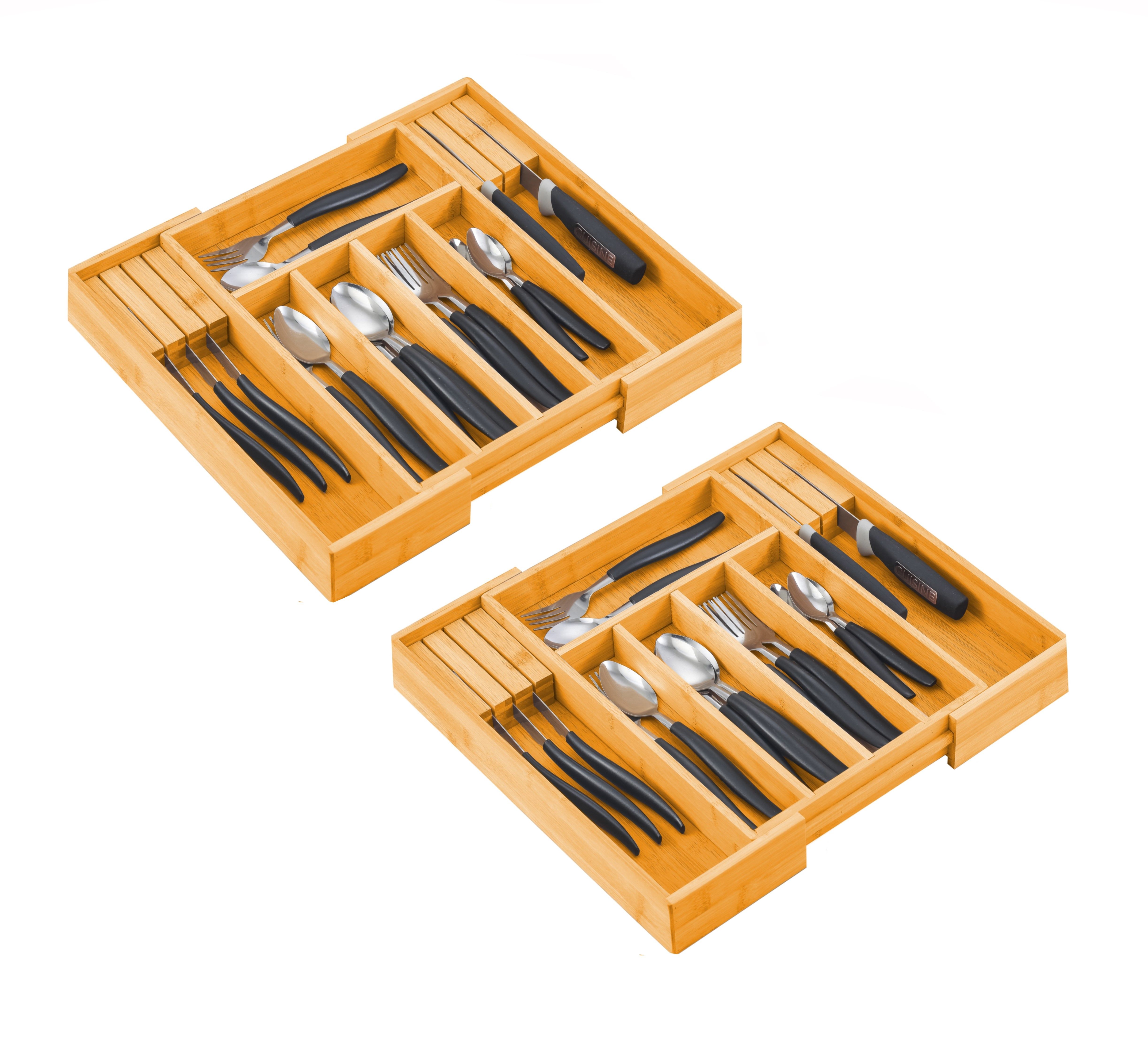2 Pack Large Capacity Bamboo Expandable Drawer Organizer with Knife Block