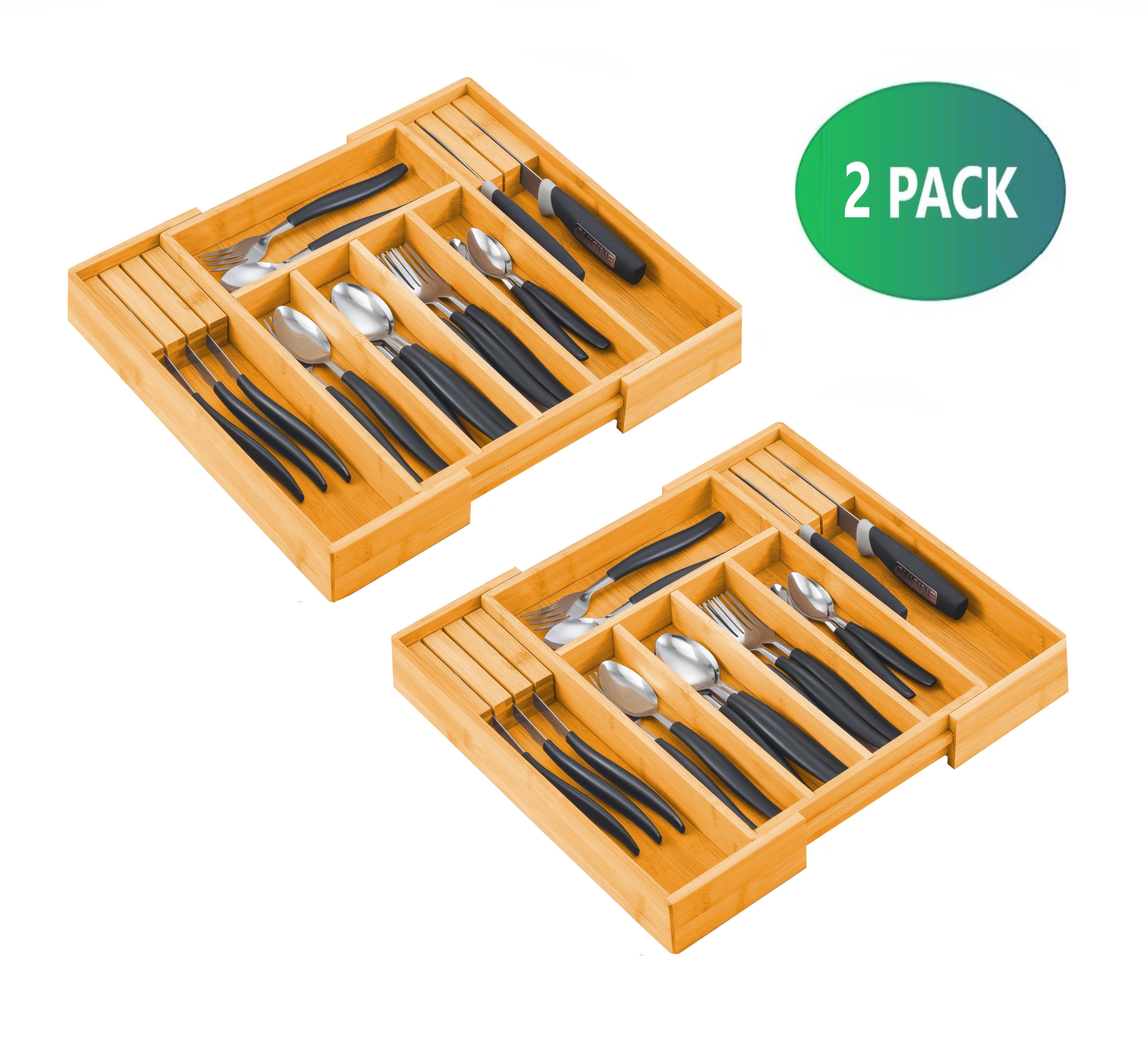 2 Pack Large Capacity Bamboo Expandable Drawer Organizer with Knife Block view 2