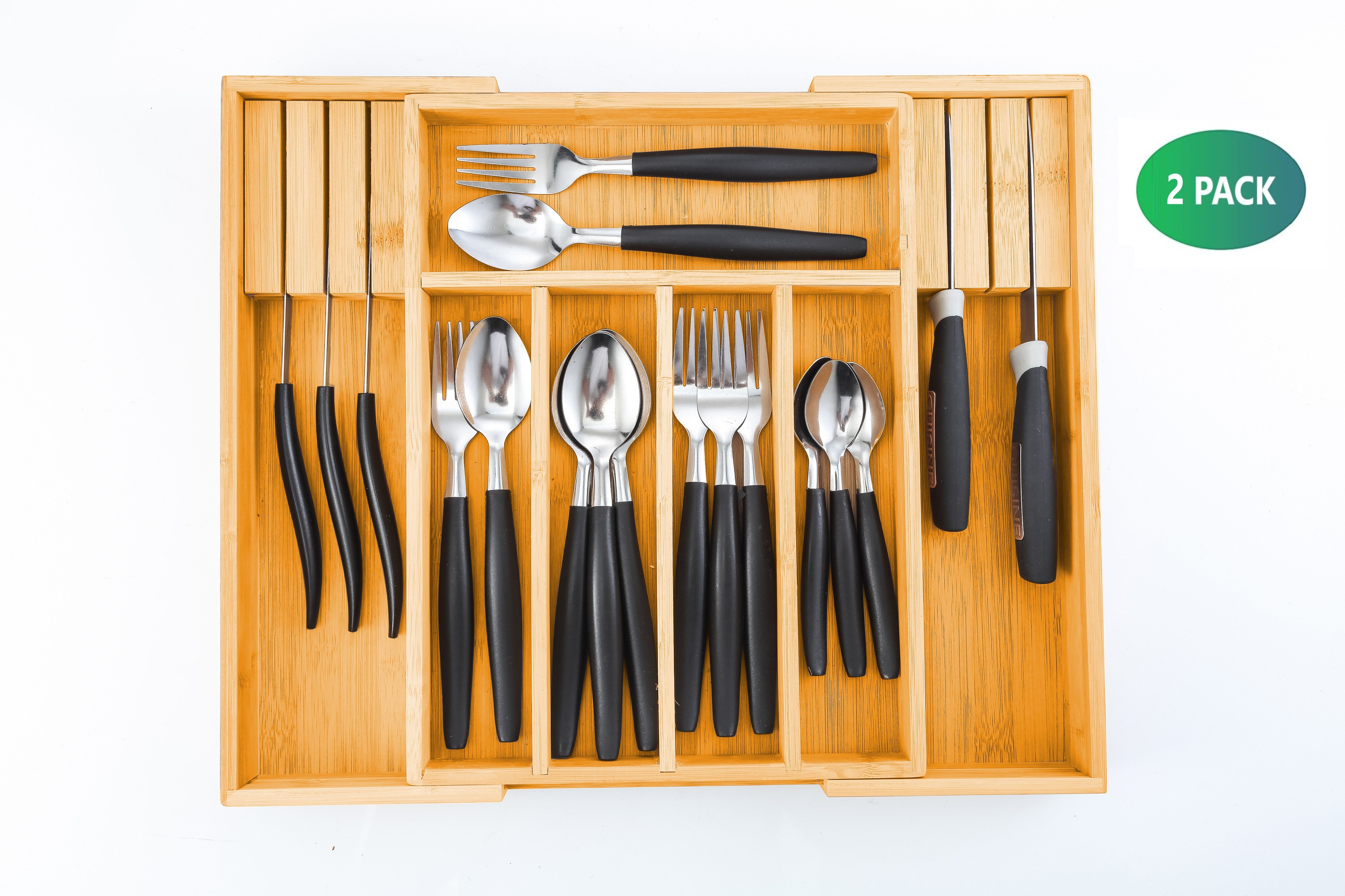 2 Pack Large Capacity Bamboo Expandable Drawer Organizer with Knife Block view 4