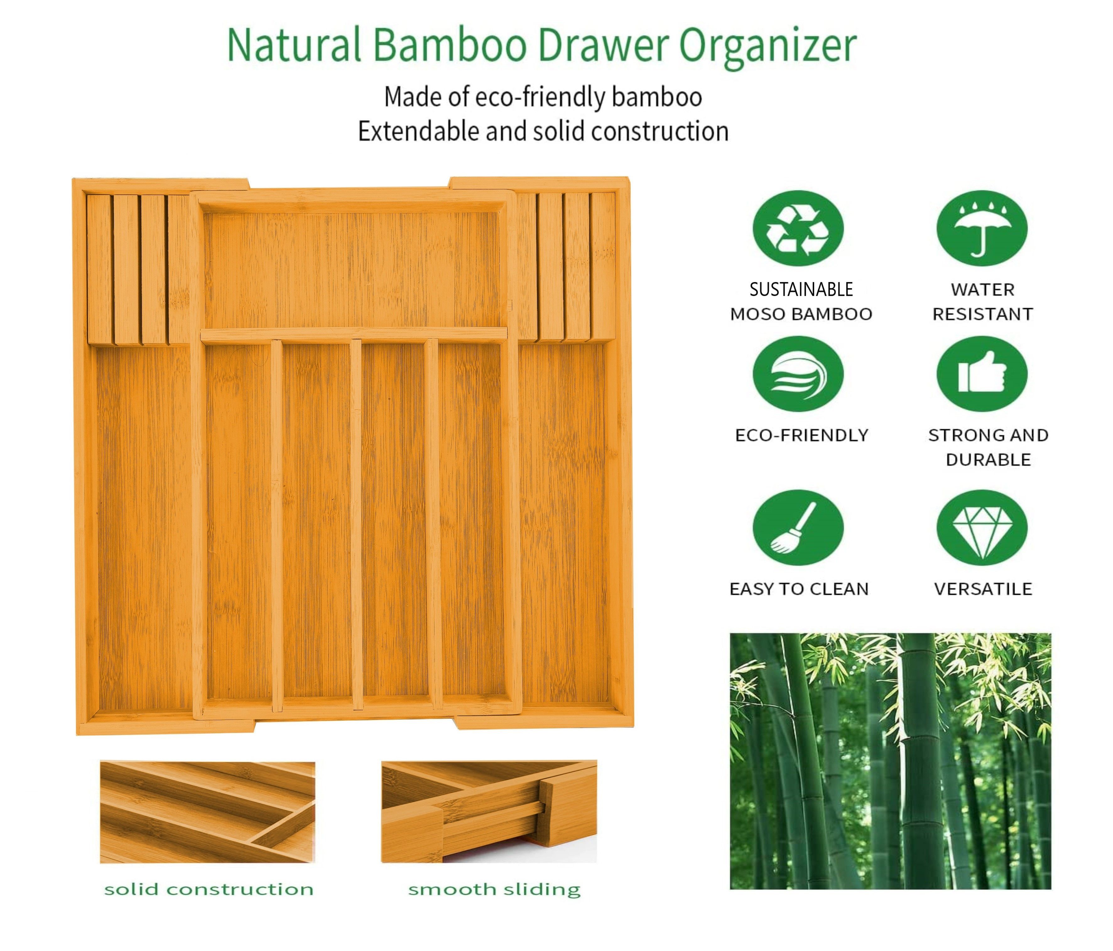 2 Pack Large Capacity Bamboo Expandable Drawer Organizer with Knife Block view 5