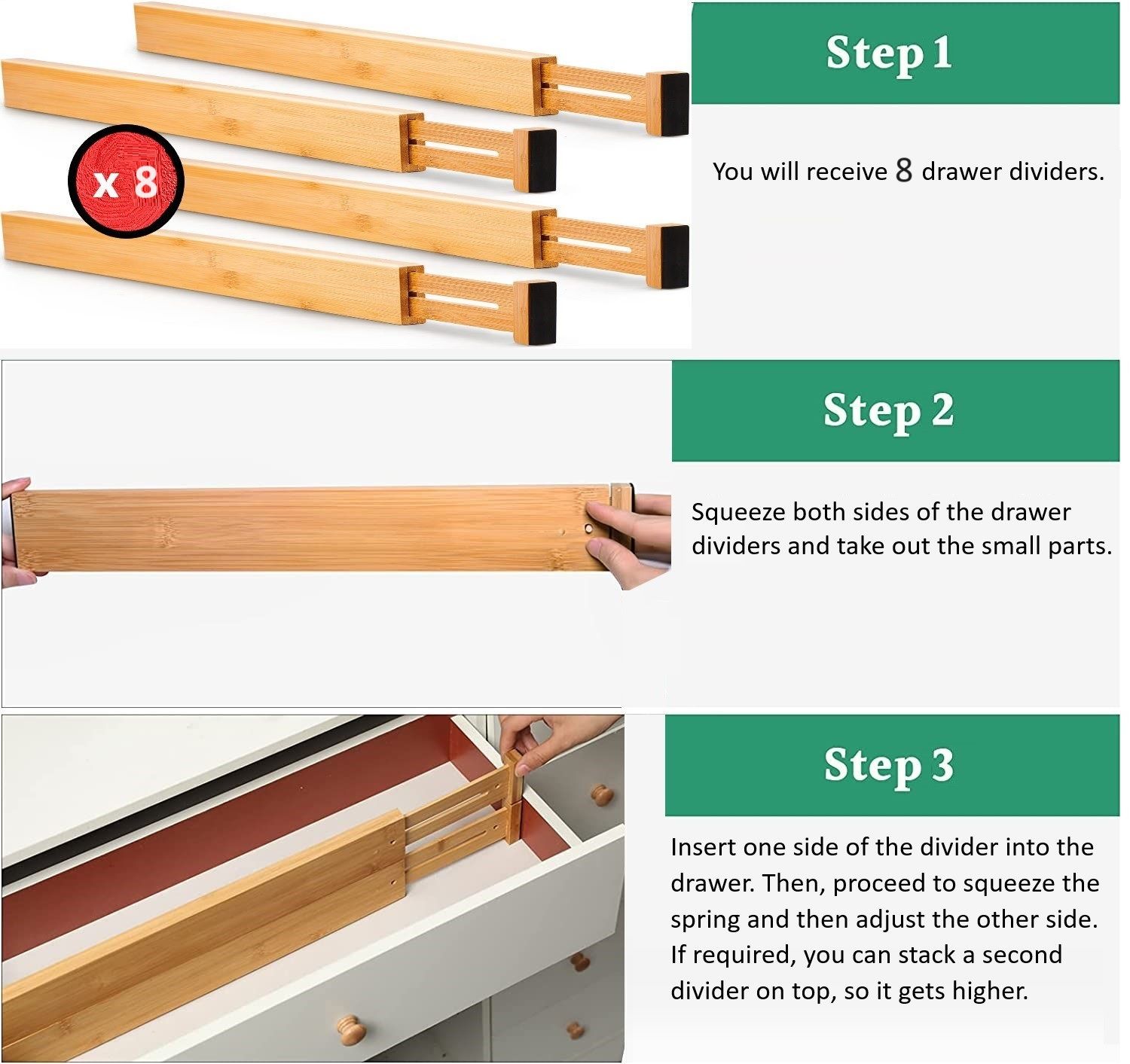 8 Pack Bamboo Adjustable Kitchen Drawer Dividers (Large, 44-55 cm) view 6