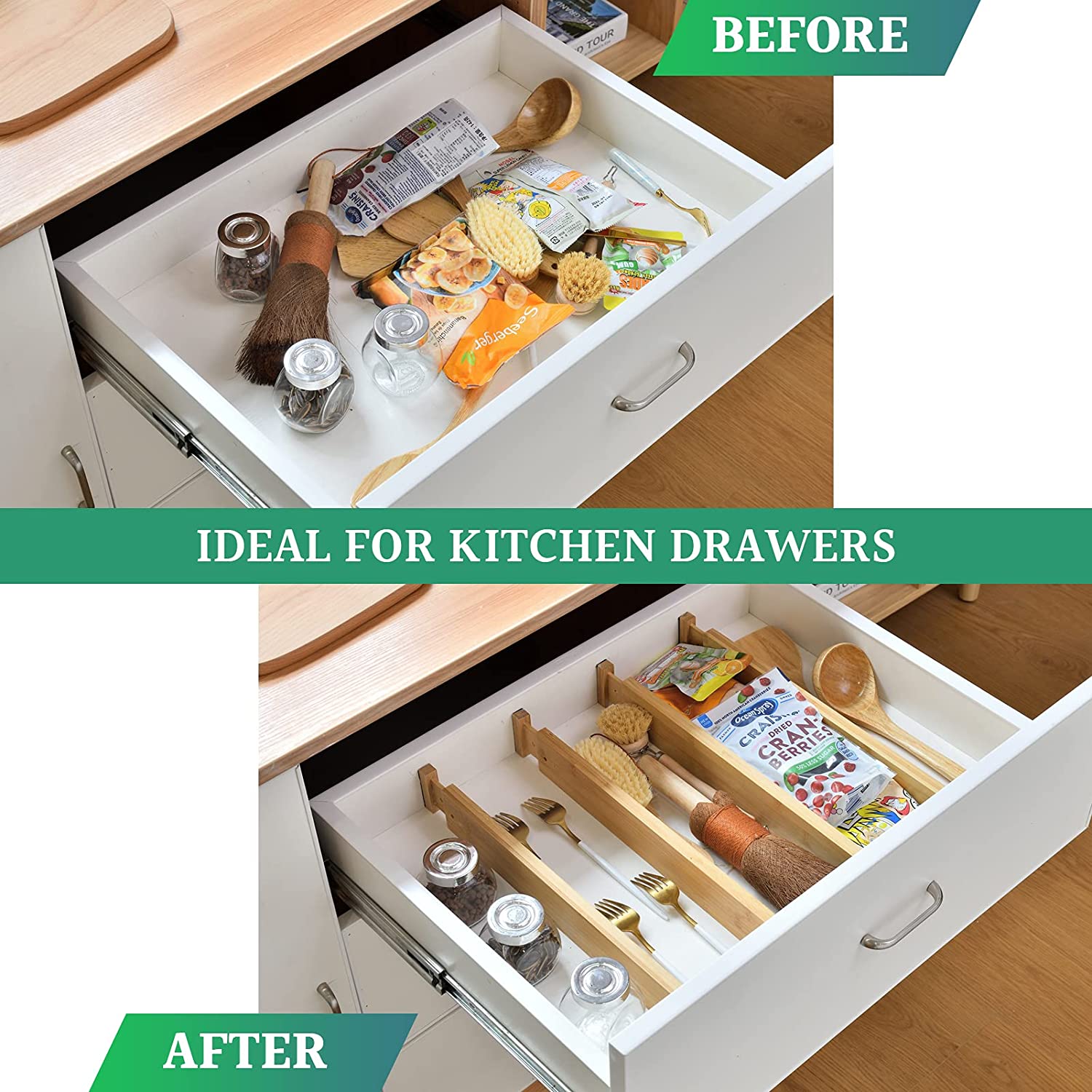 8 Pack Bamboo Adjustable Kitchen Drawer Dividers (Large, 44-55 cm) view 9