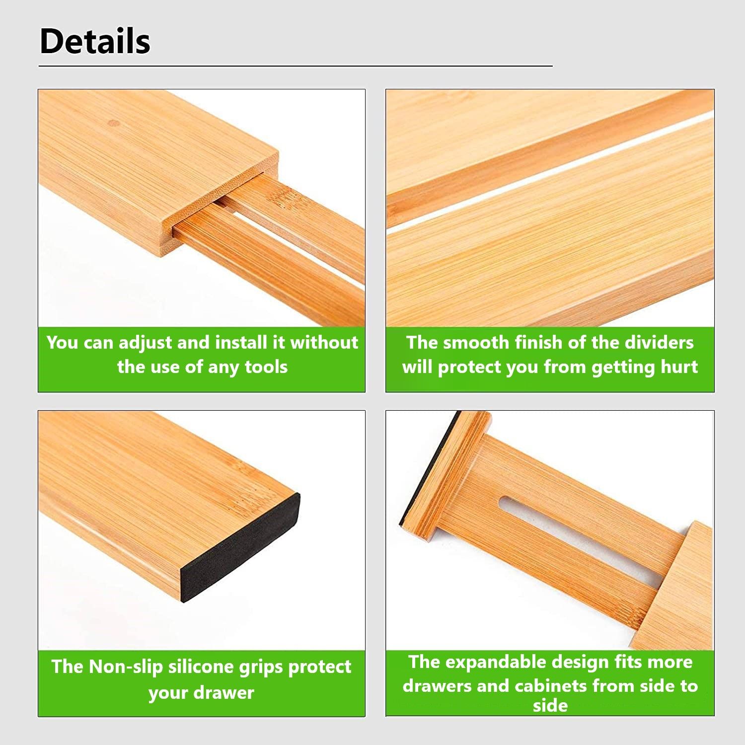 12 Pack Bamboo Adjustable Kitchen Drawer Dividers (Large, 44-55 cm) view 3
