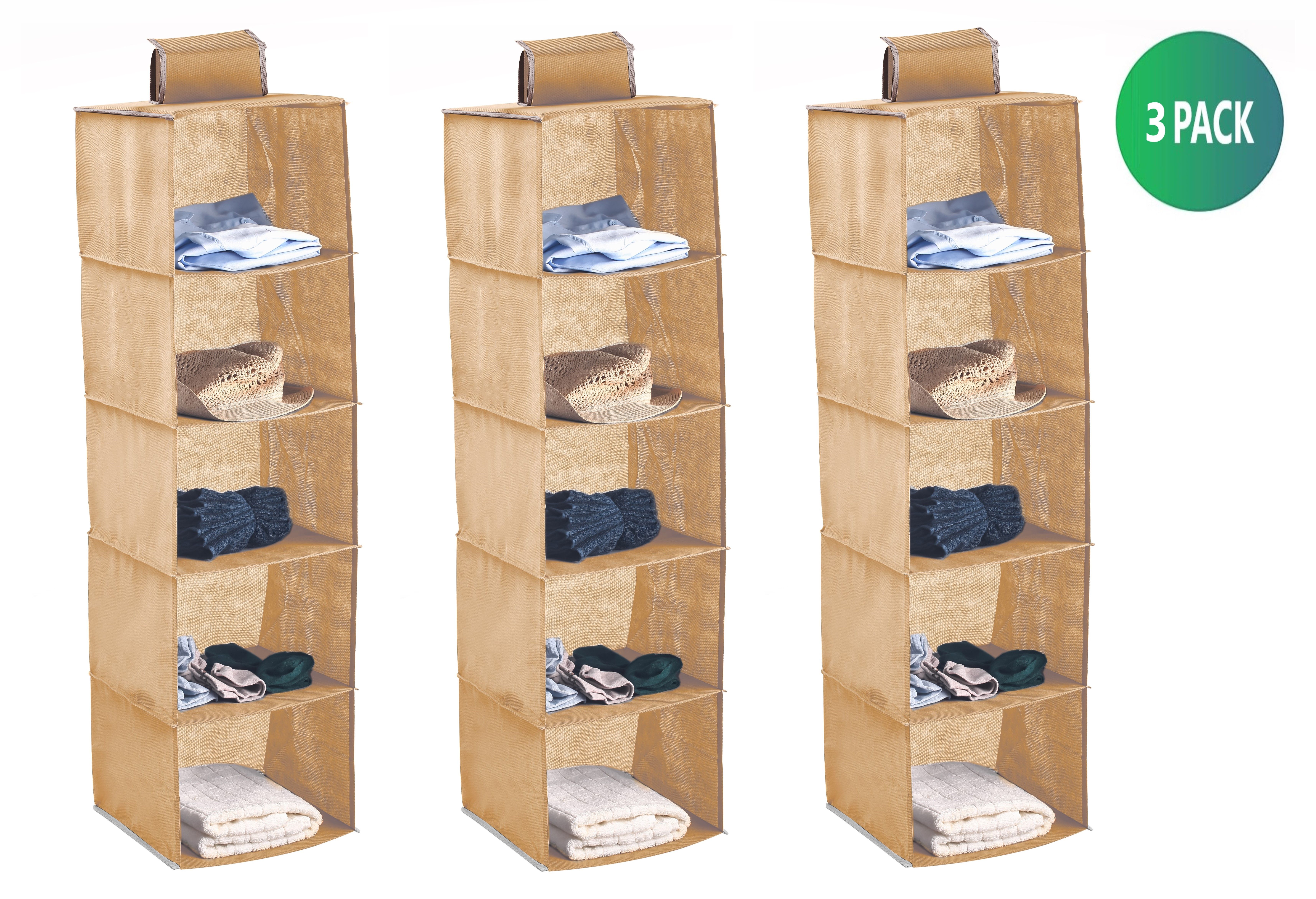 3 Pack 5-Tier Shelf Hanging Closet Organizer and Storage for Clothes (Beige) view 2