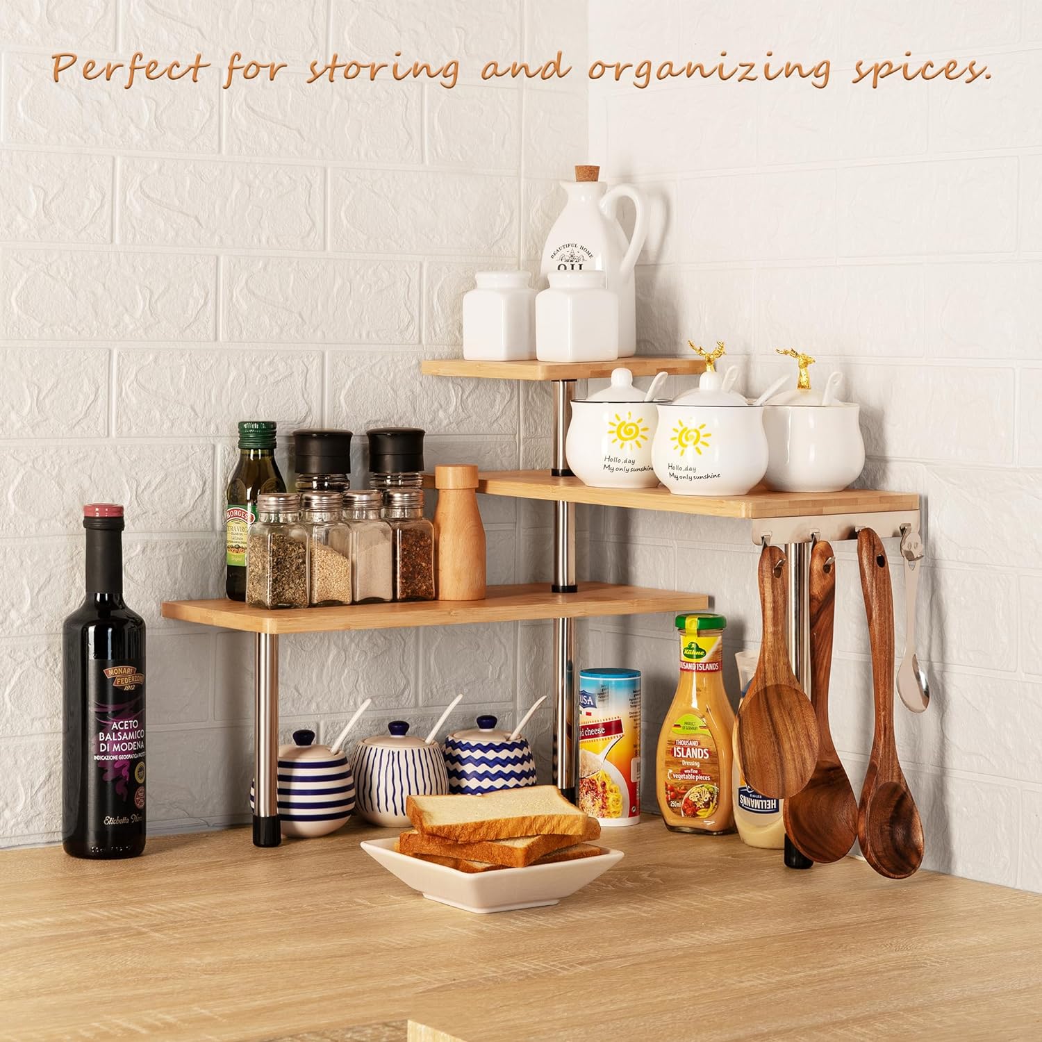 CARLA HOME 3 Tier Corner Shelf Kitchen Spice Rack Organiser with Hooks for view 2