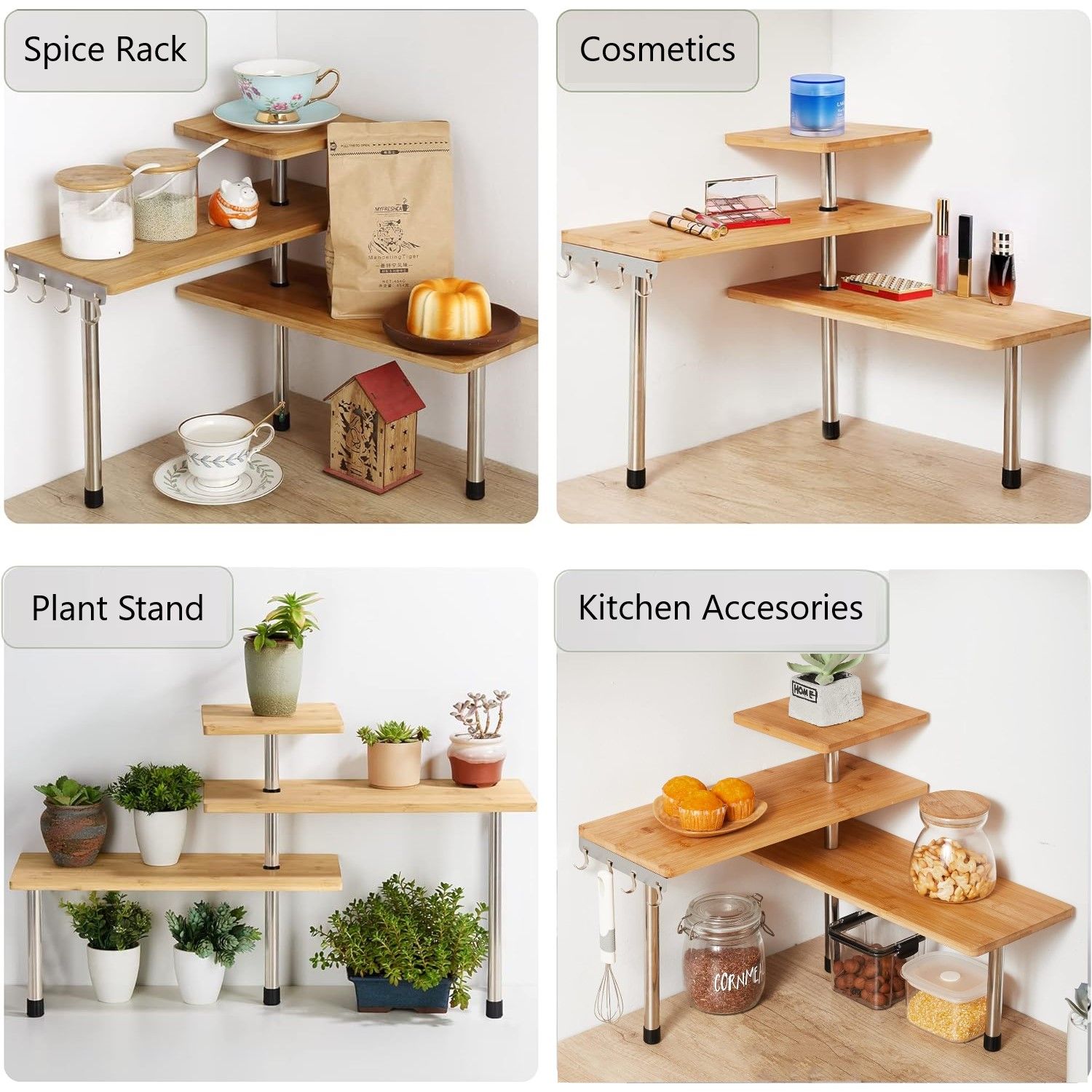 CARLA HOME 3 Tier Corner Shelf Kitchen Spice Rack Organiser with Hooks for view 4