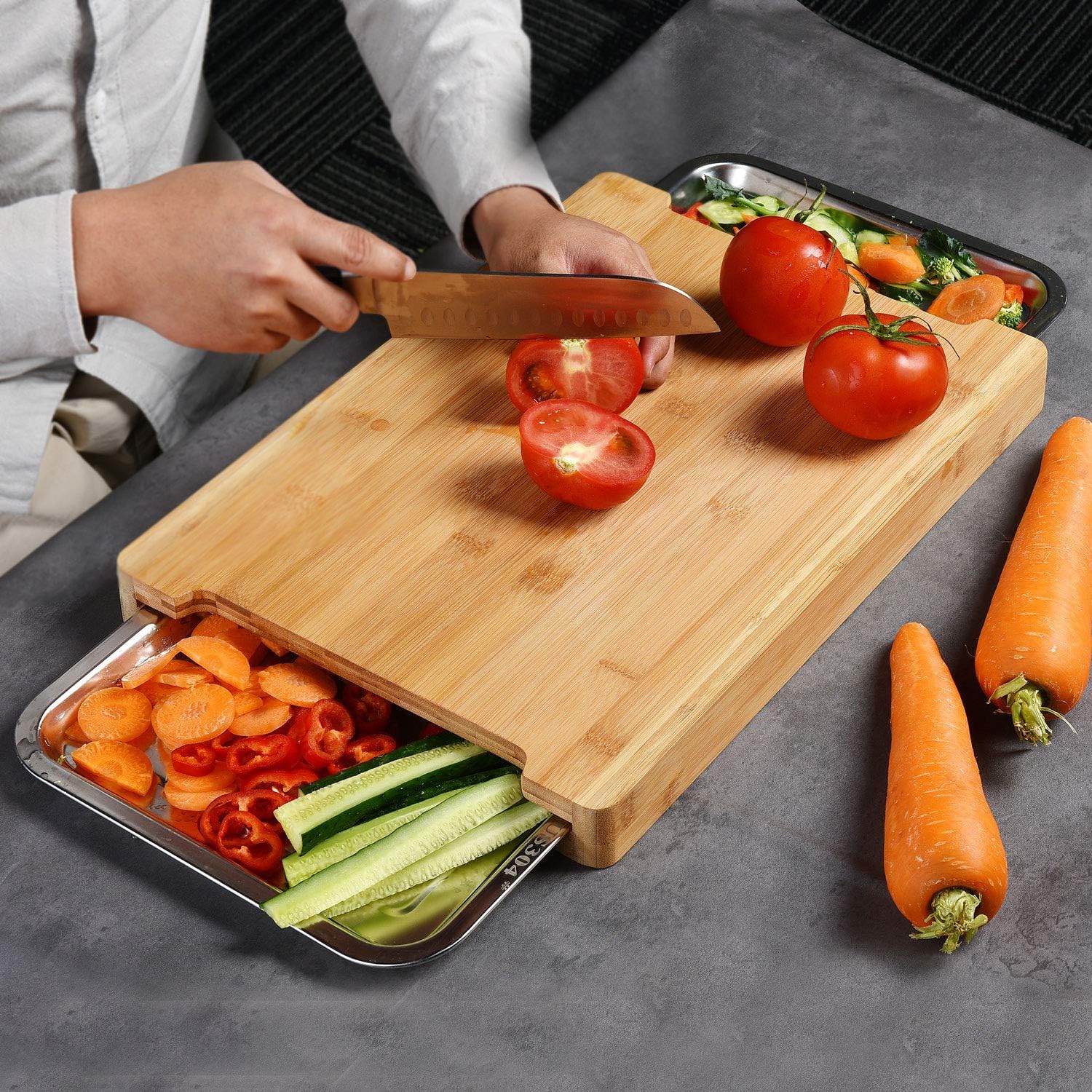 Chopping Board with with 2 Organiser Stainless Steel Trays Containers view 2