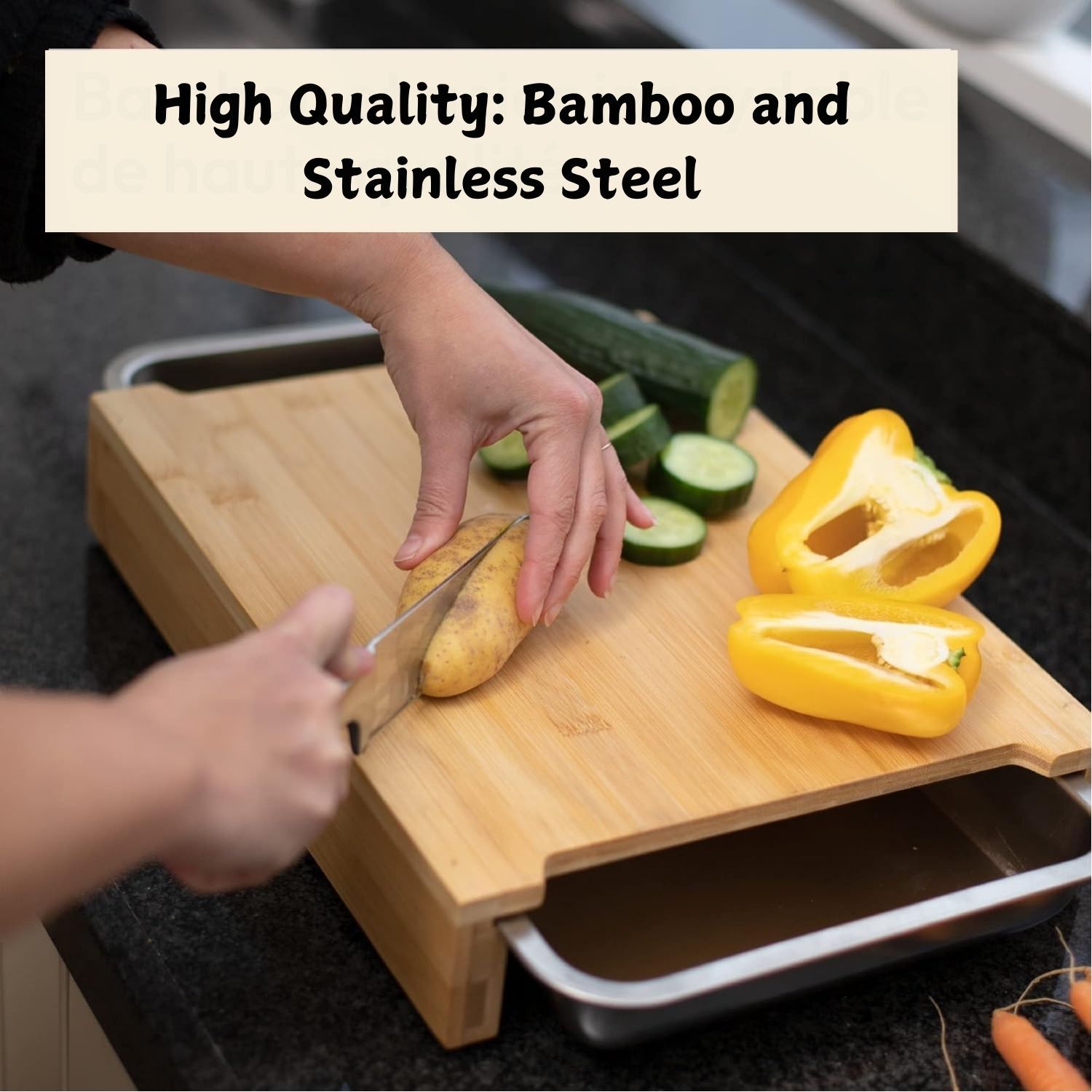 Chopping Board with with 2 Organiser Stainless Steel Trays Containers view 3