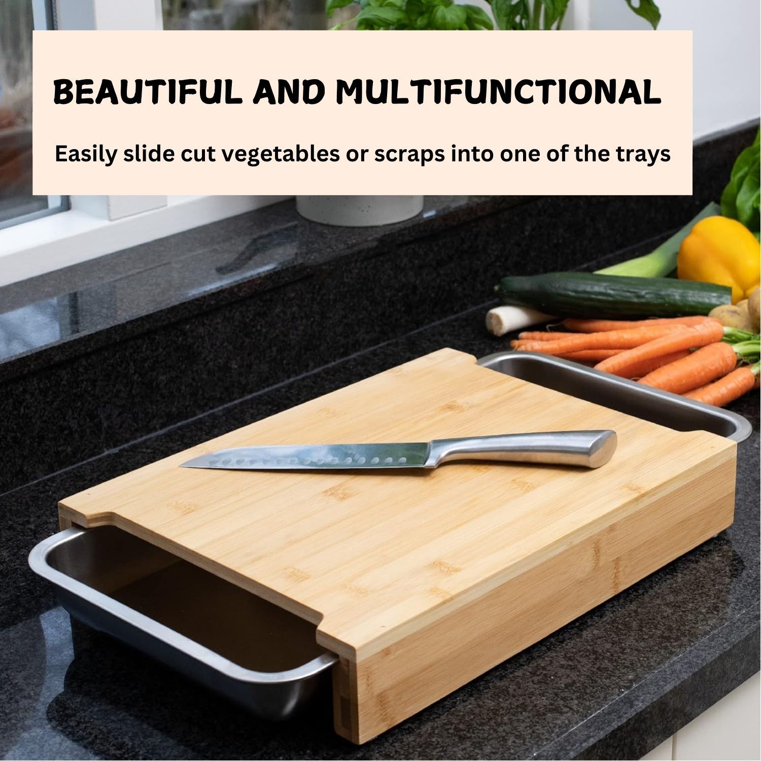 Chopping Board with with 2 Organiser Stainless Steel Trays Containers view 5