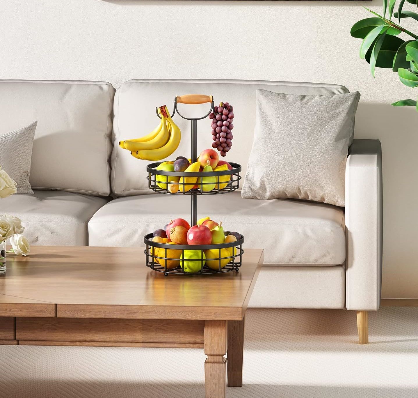 2-Tier Fruit Basket Bowl Storage with Wood Lift Handle and Dual Banana Tree view 2