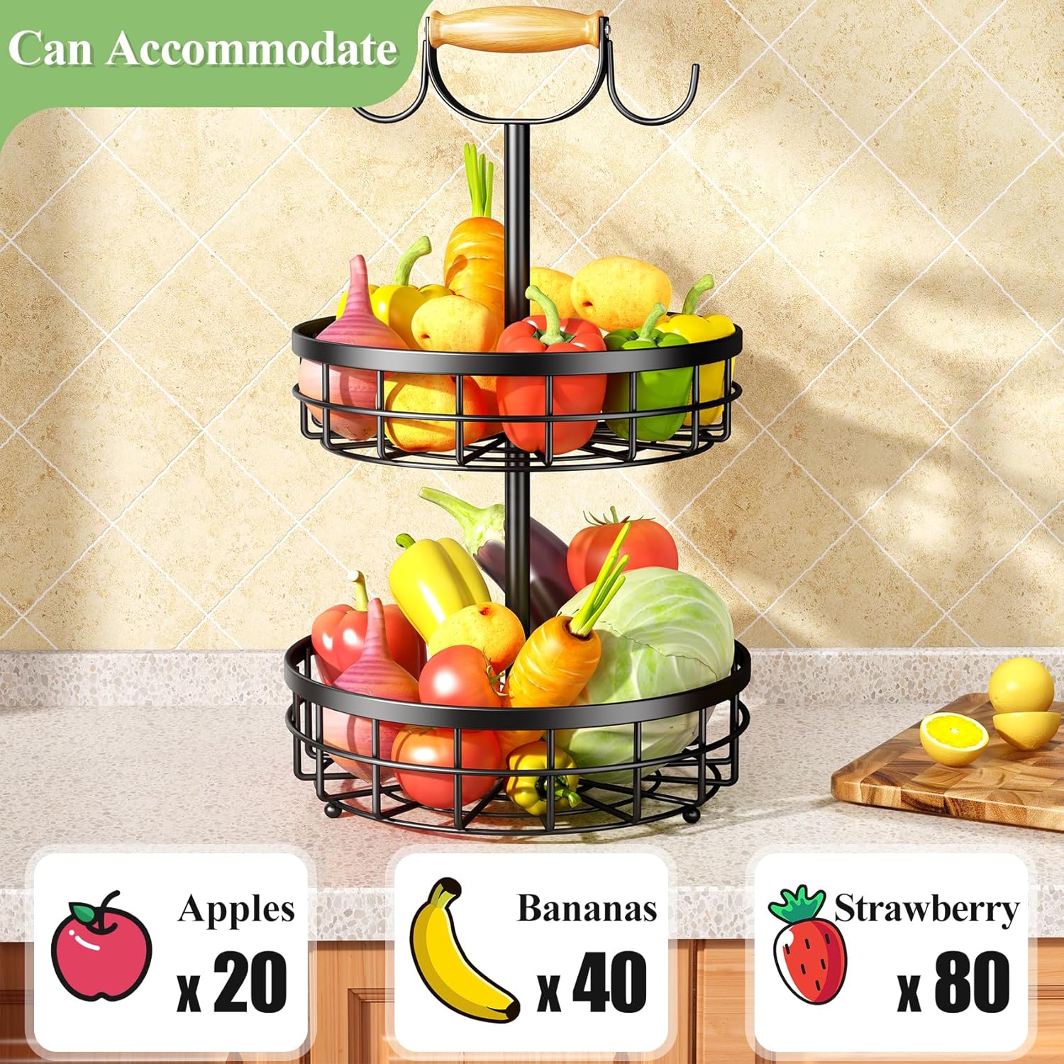 2-Tier Fruit Basket Bowl Storage with Wood Lift Handle and Dual Banana Tree view 3