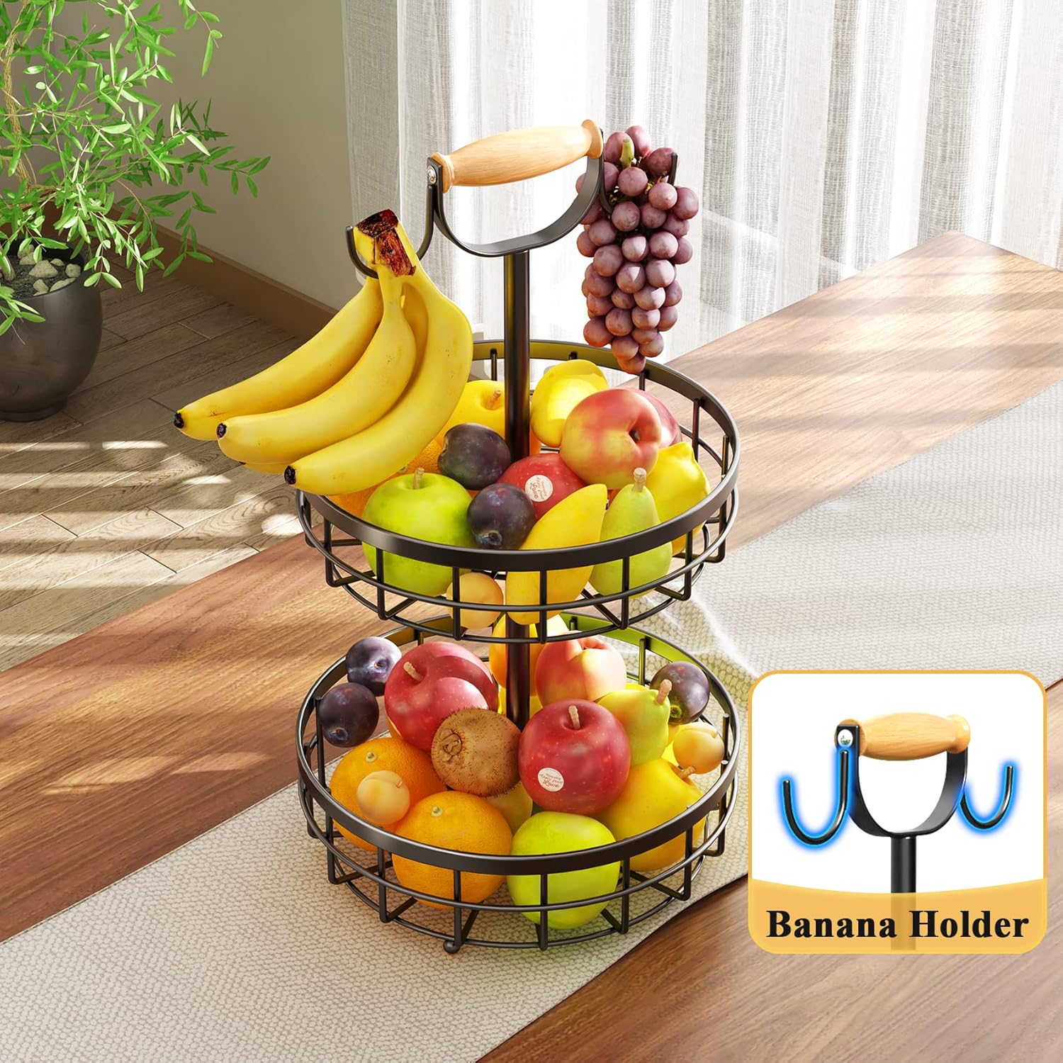 2-Tier Fruit Basket Bowl Storage with Wood Lift Handle and Dual Banana Tree view 4