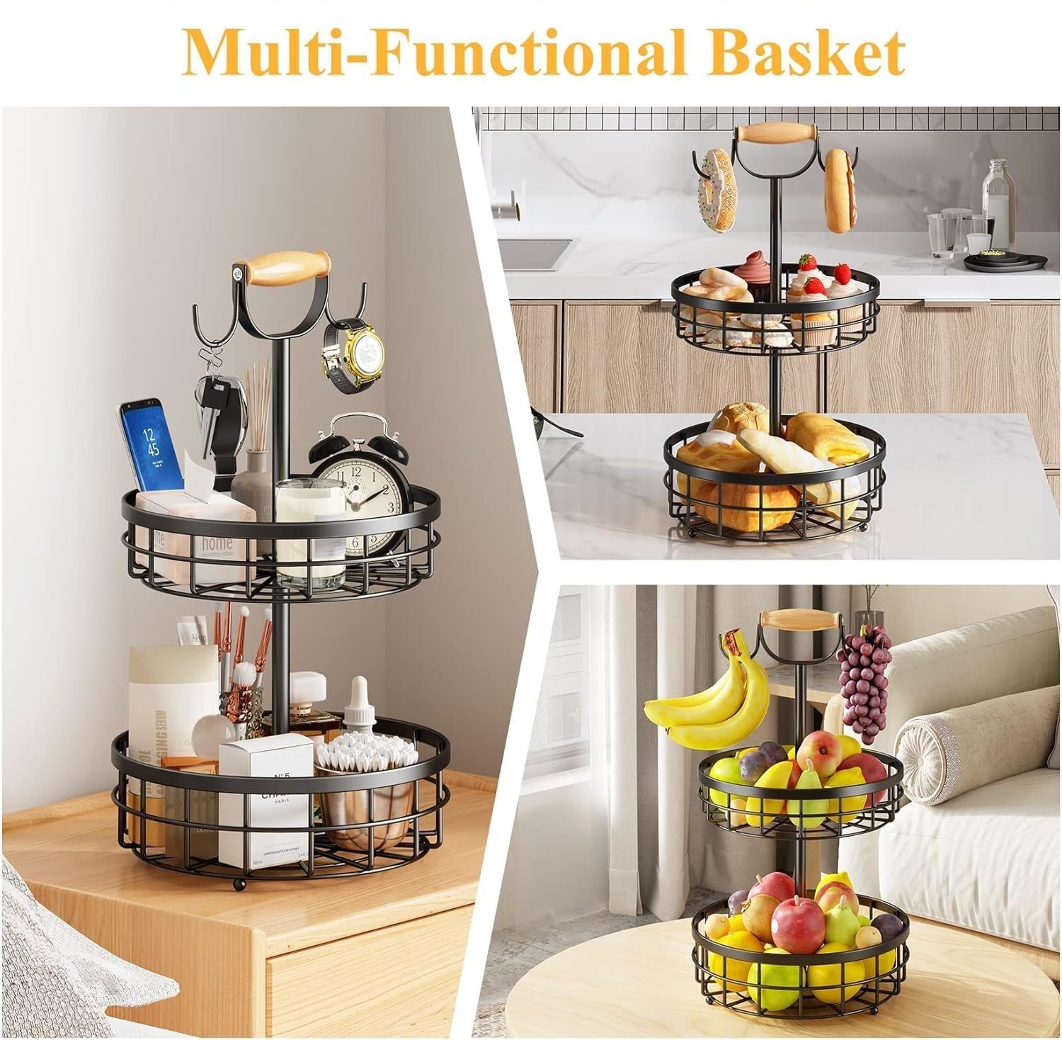 2-Tier Fruit Basket Bowl Storage with Wood Lift Handle and Dual Banana Tree view 5