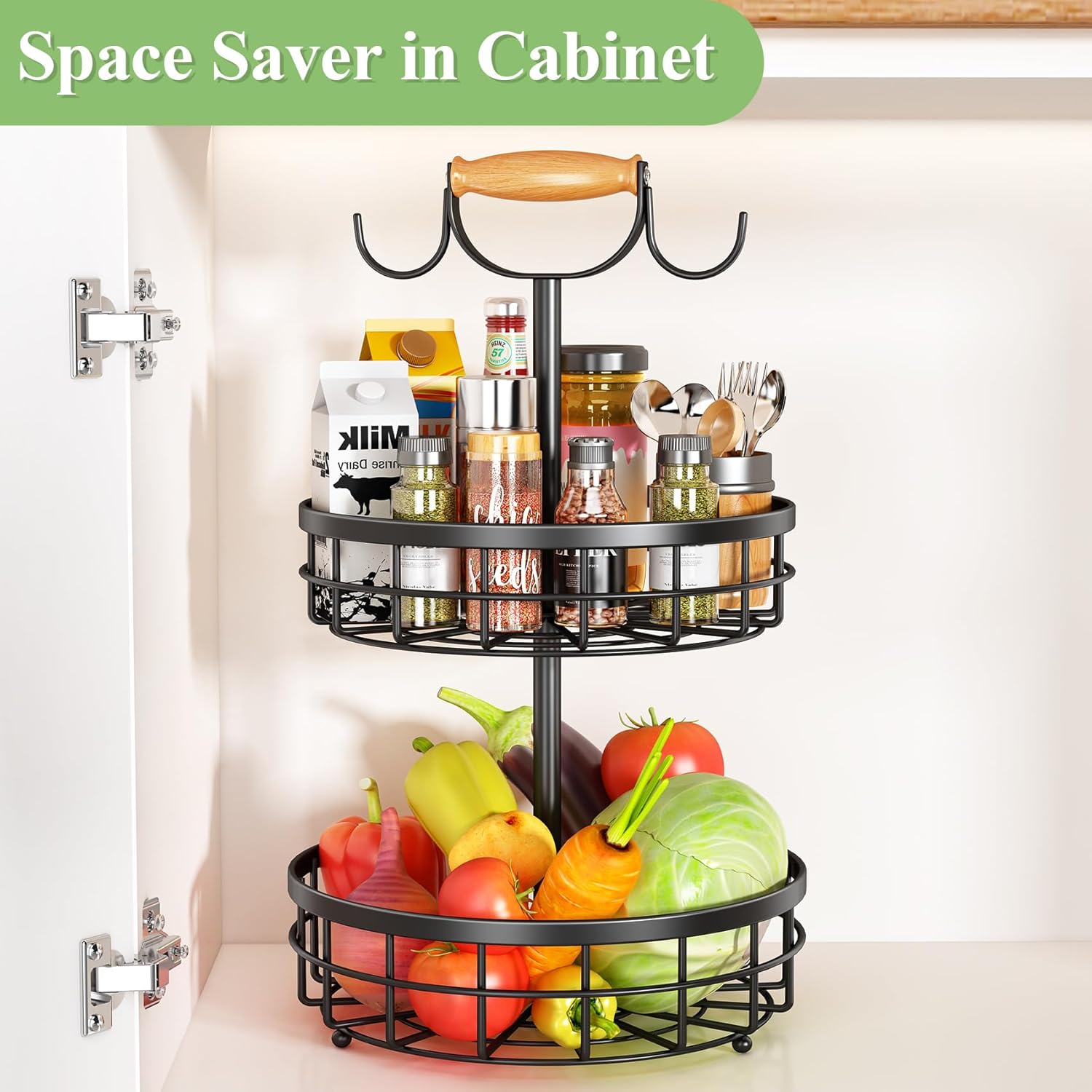 2-Tier Fruit Basket Bowl Storage with Wood Lift Handle and Dual Banana Tree view 6