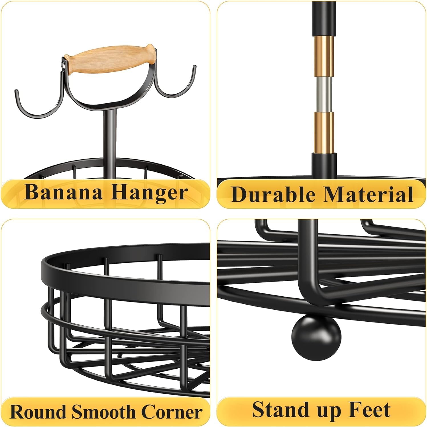 2-Tier Fruit Basket Bowl Storage with Wood Lift Handle and Dual Banana Tree view 7