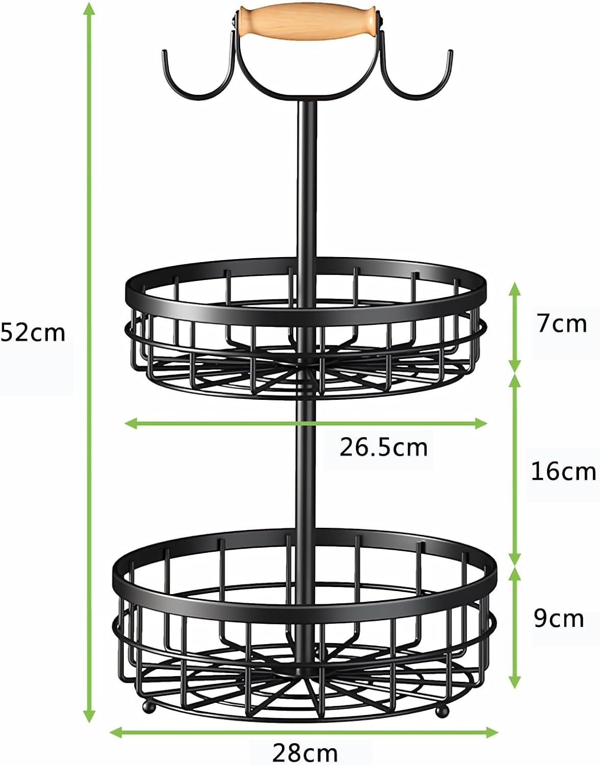 2-Tier Fruit Basket Bowl Storage with Wood Lift Handle and Dual Banana Tree view 8