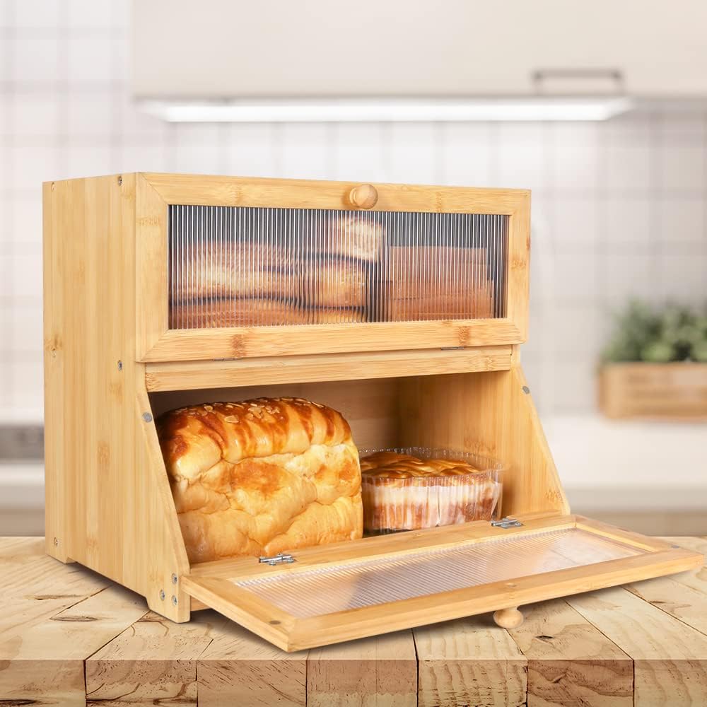 Double Layer Bamboo Bread Box for Kitchen Counter with Large Capacity and view 2