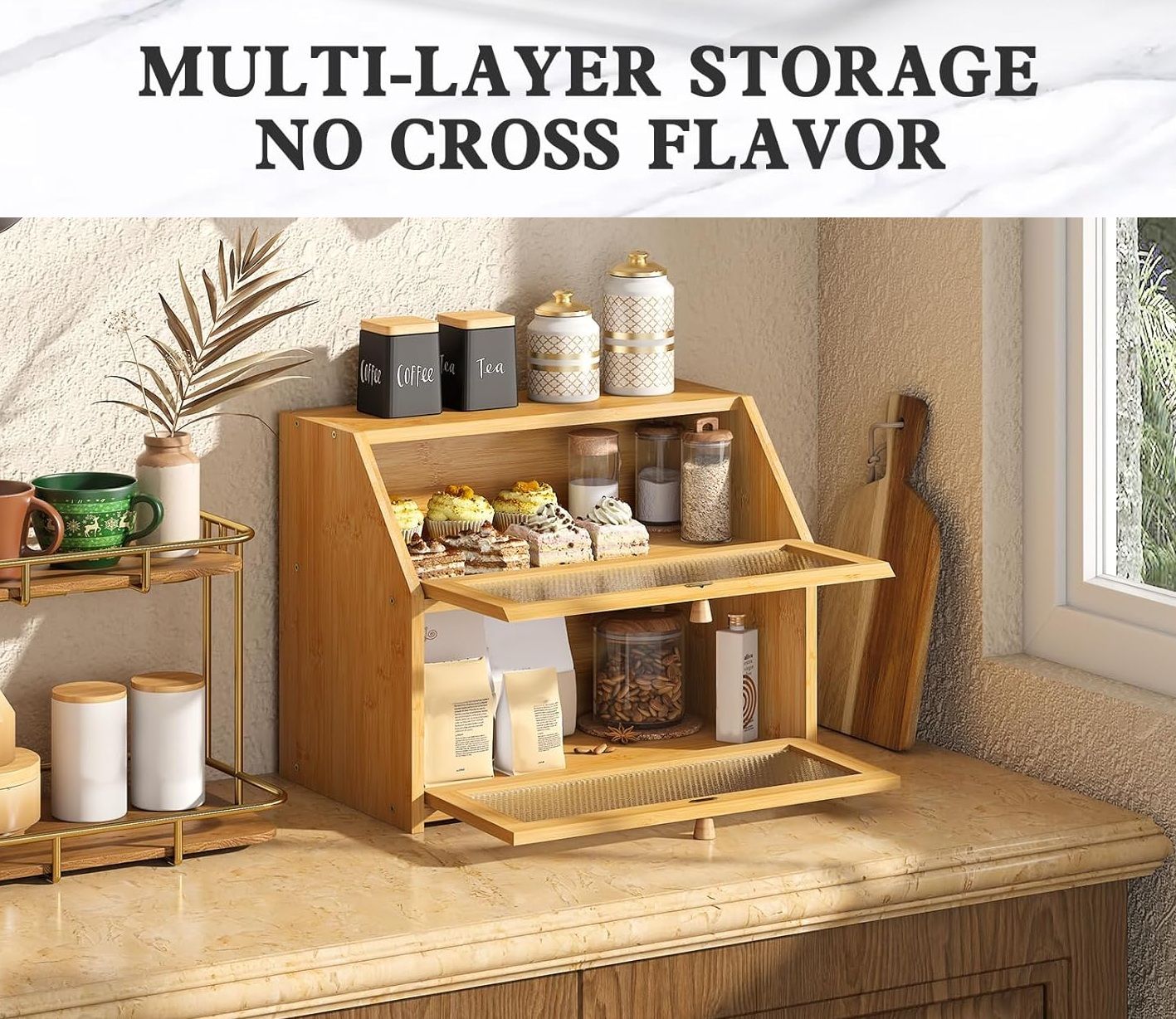 Double Layer Bamboo Bread Box for Kitchen Counter with Large Capacity and view 3