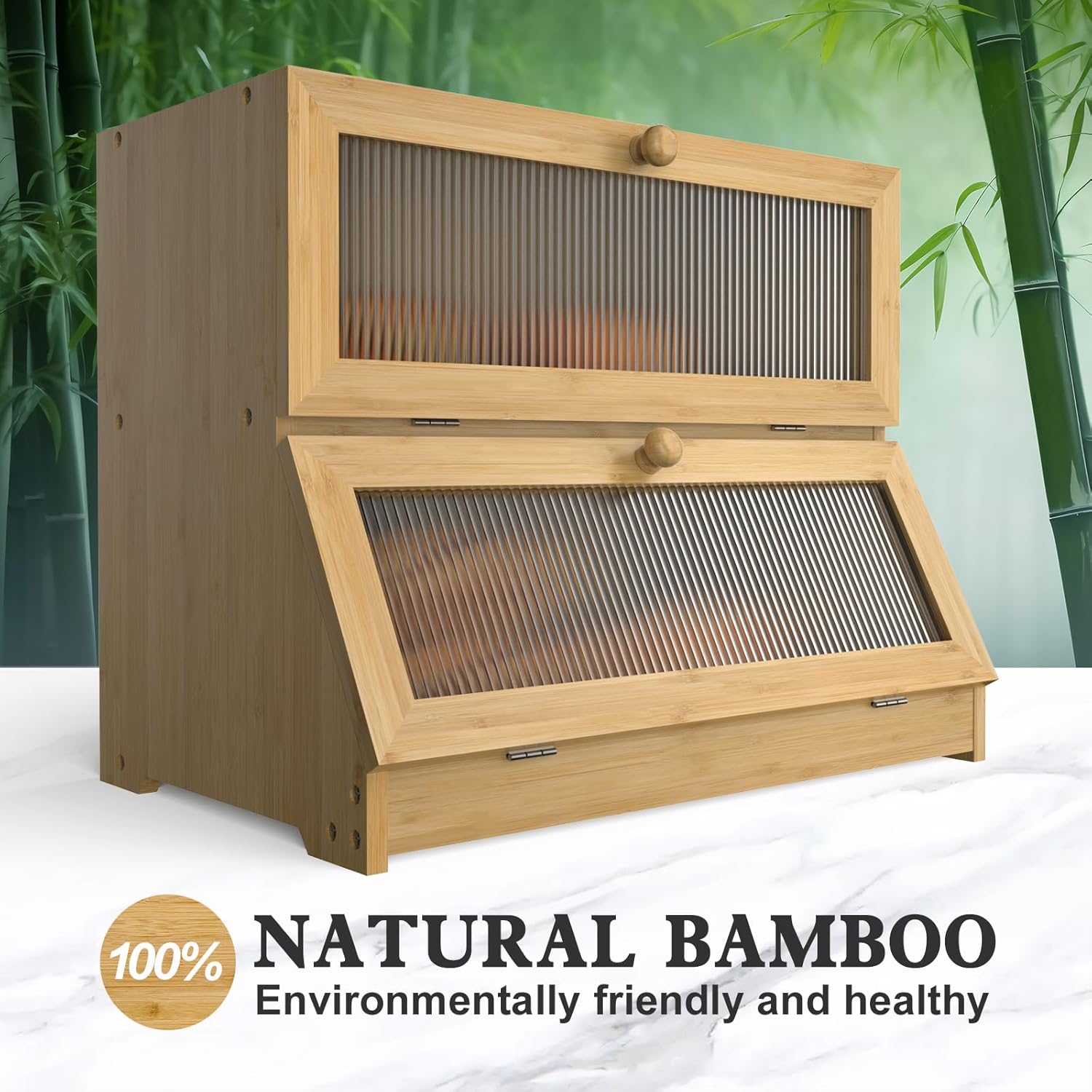 Double Layer Bamboo Bread Box for Kitchen Counter with Large Capacity and view 4