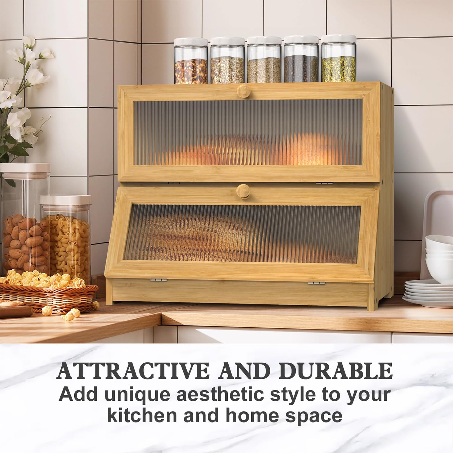 Double Layer Bamboo Bread Box for Kitchen Counter with Large Capacity and view 6