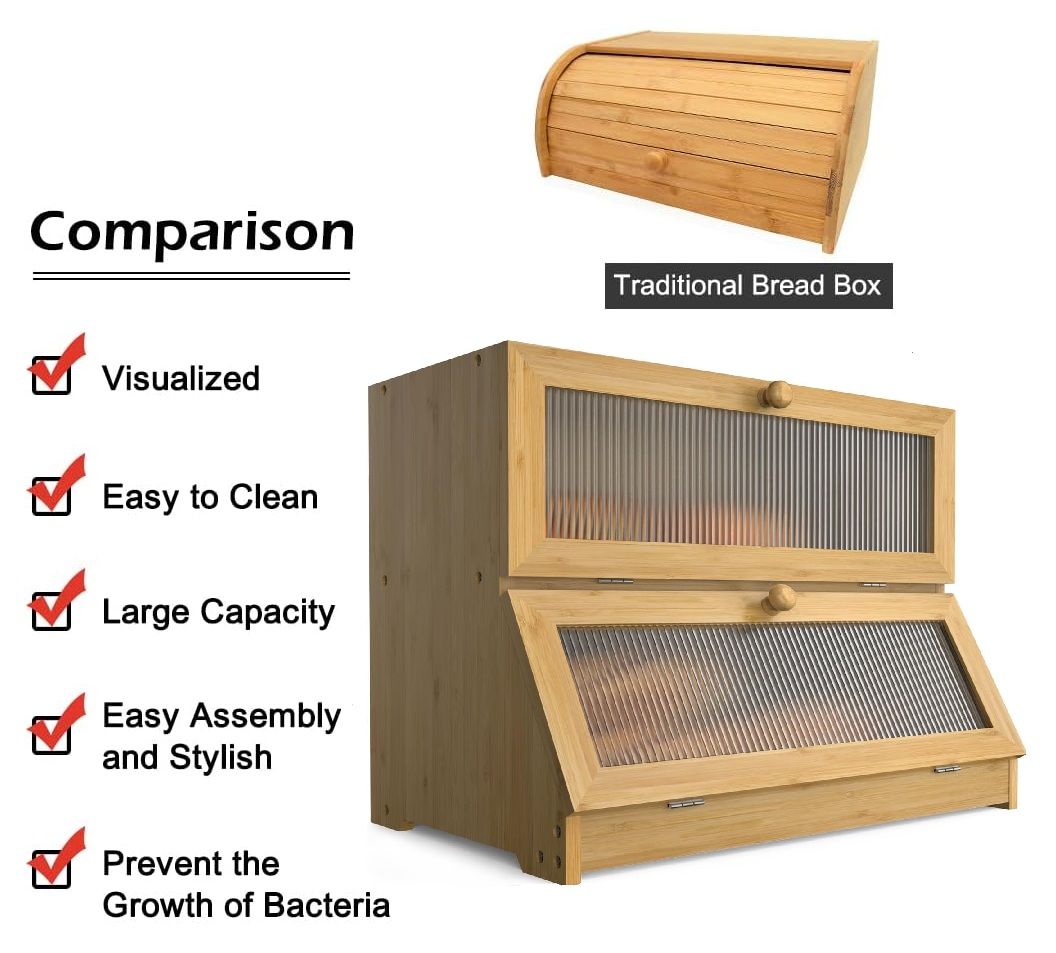Double Layer Bamboo Bread Box for Kitchen Counter with Large Capacity and view 7