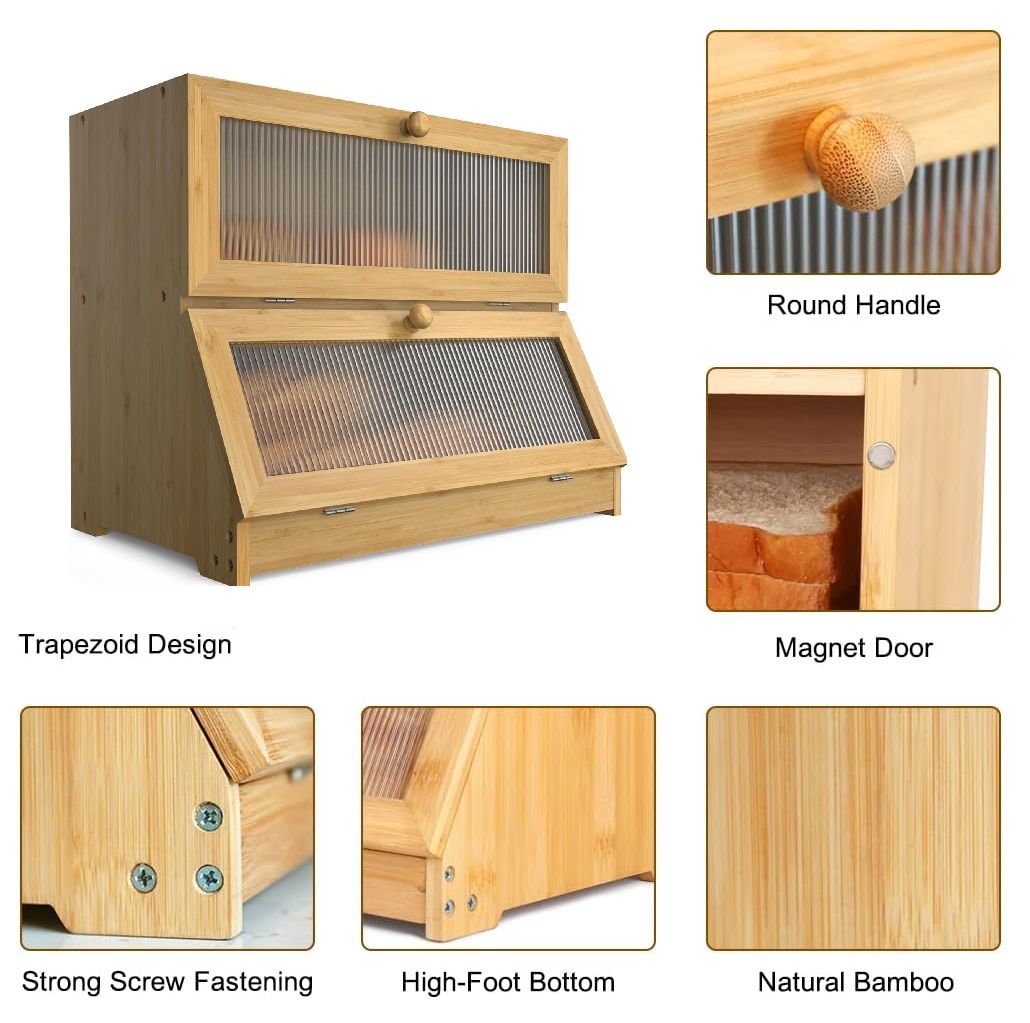 Double Layer Bamboo Bread Box for Kitchen Counter with Large Capacity and view 8