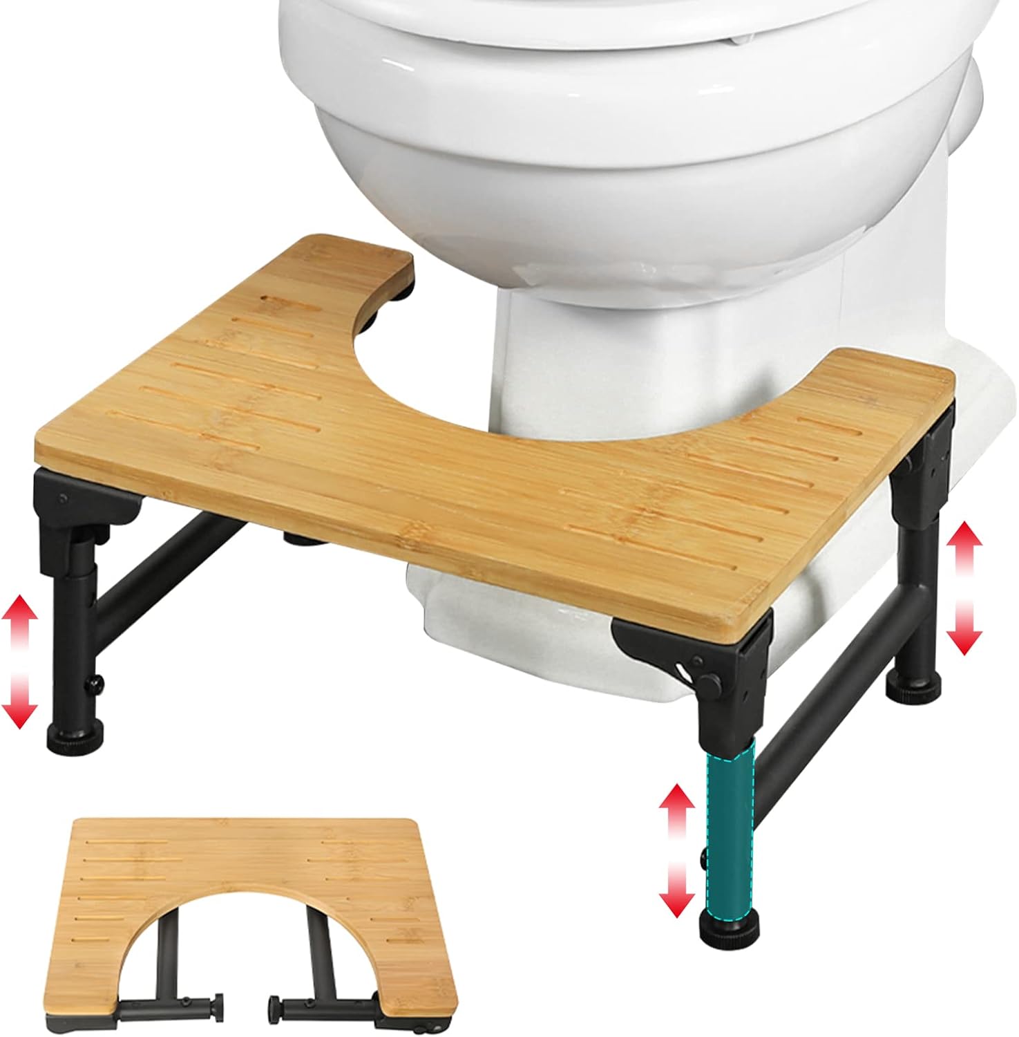 Bamboo Toilet Stool Foldable and Adjustable Height with Non-Slip Layer for