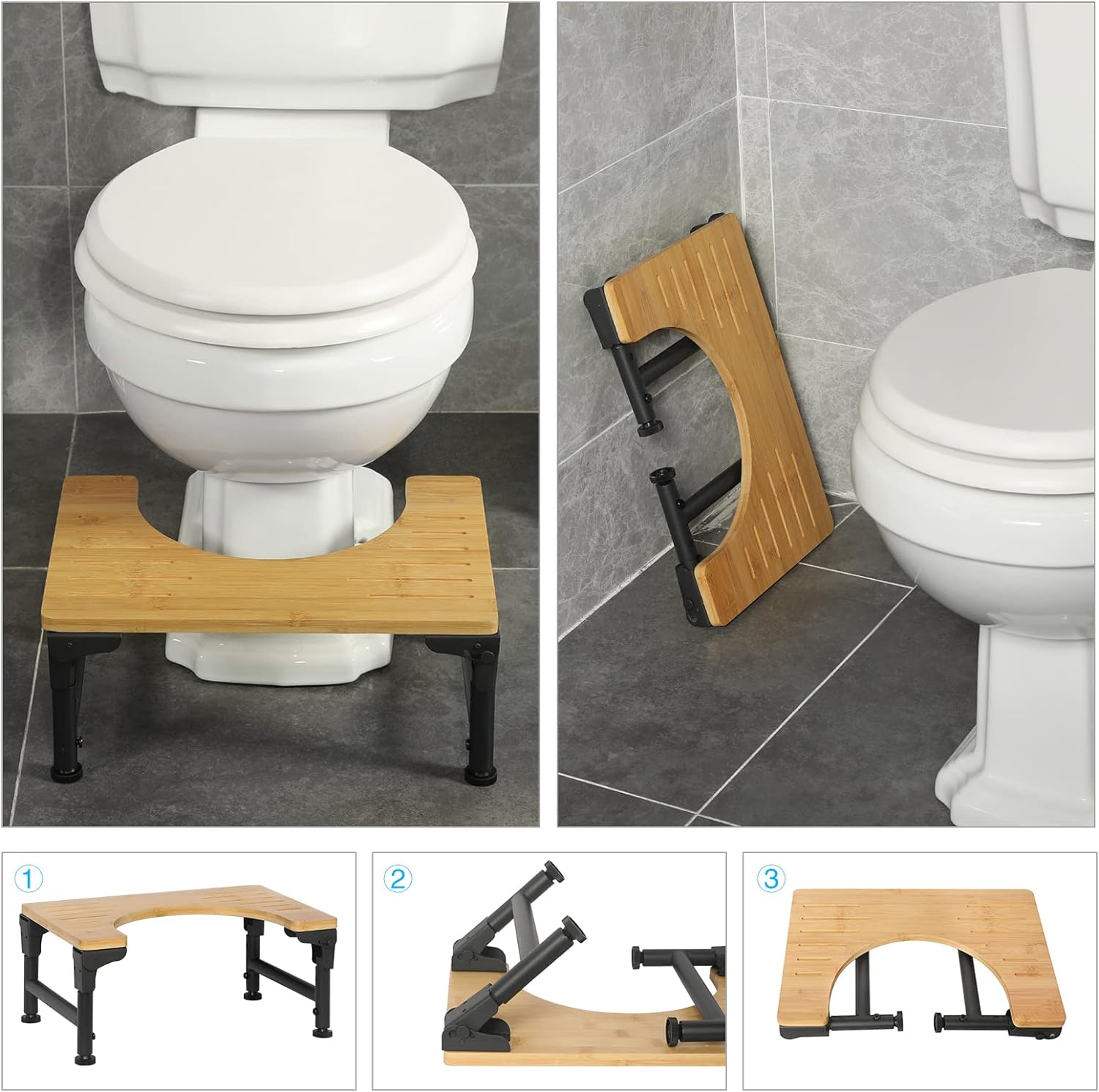 Bamboo Toilet Stool Foldable and Adjustable Height with Non-Slip Layer for view 2