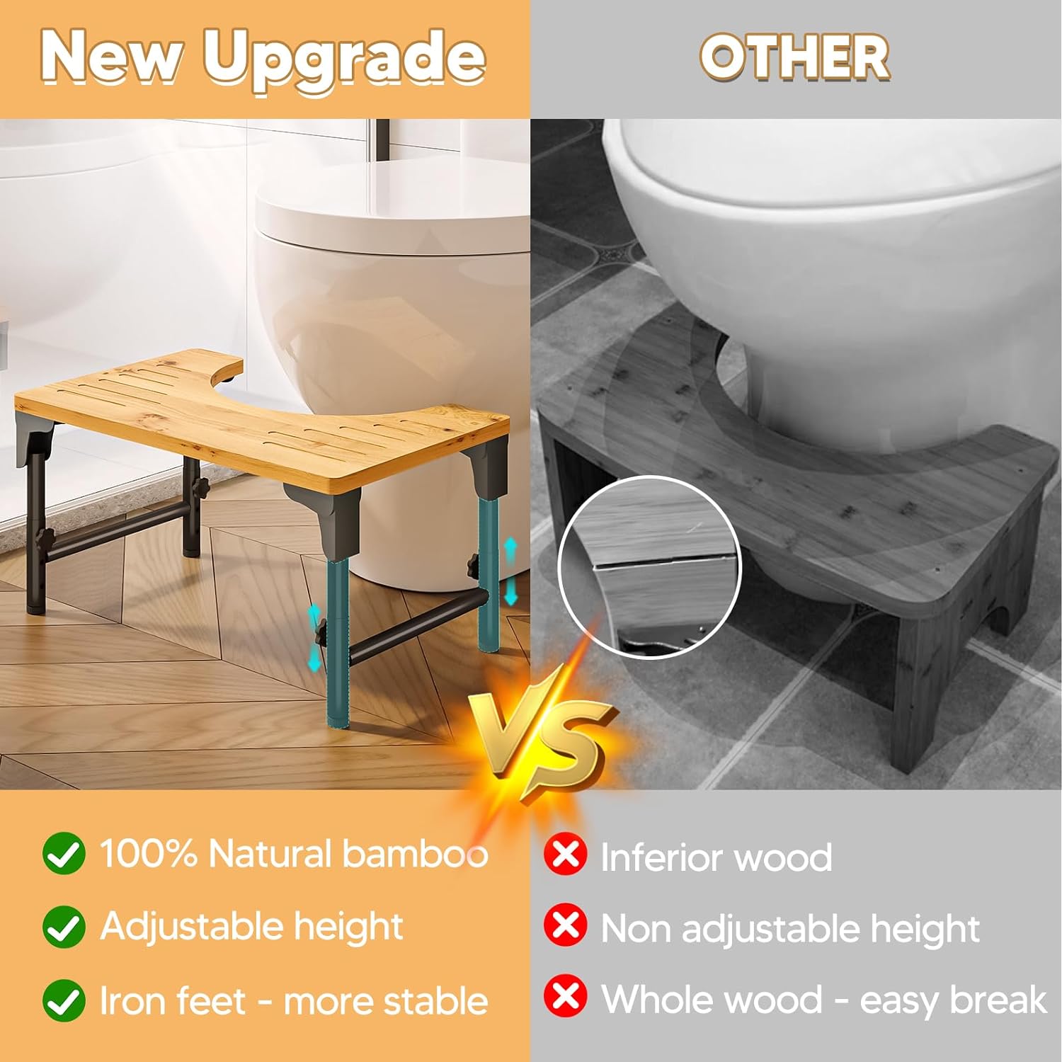 Bamboo Toilet Stool Foldable and Adjustable Height with Non-Slip Layer for view 4