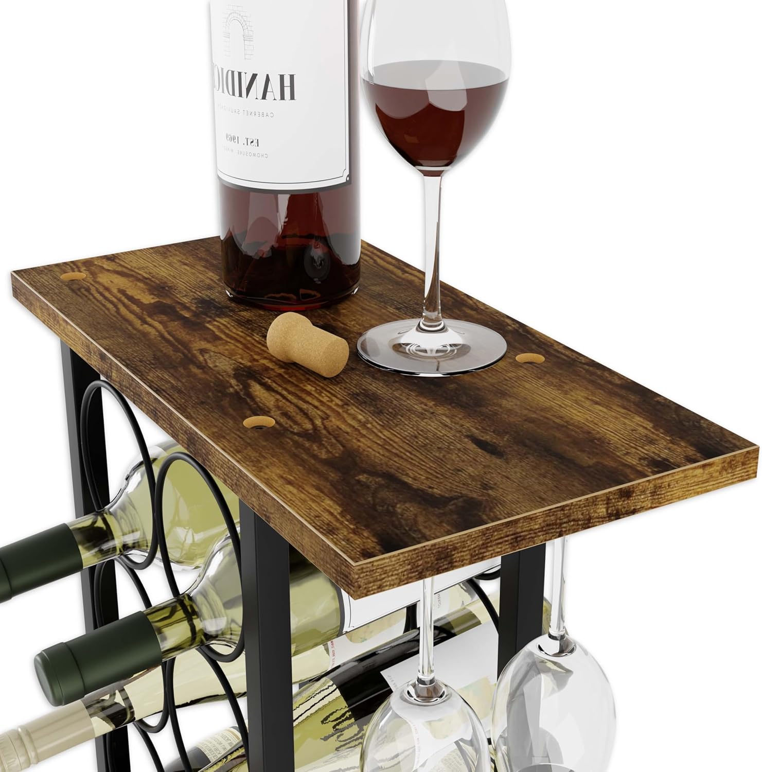 Wine Rack Countertop Wooden & Metal Holder for 6 Bottles & 2 Glasses view 2