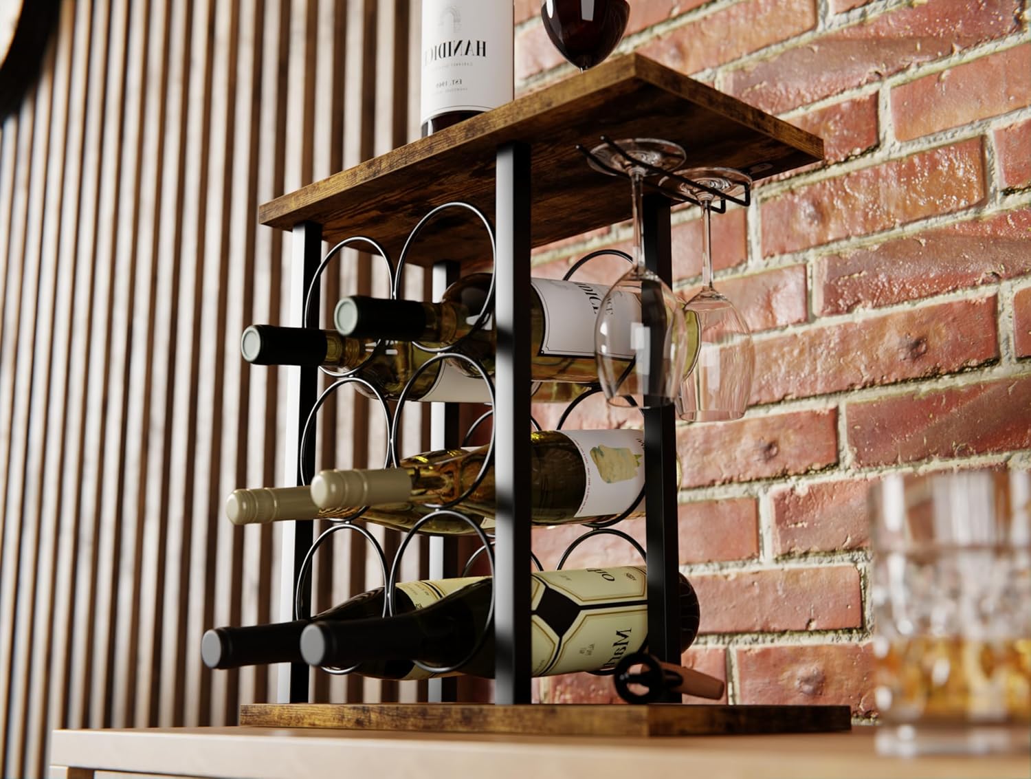 Wine Rack Countertop Wooden & Metal Holder for 6 Bottles & 2 Glasses view 3
