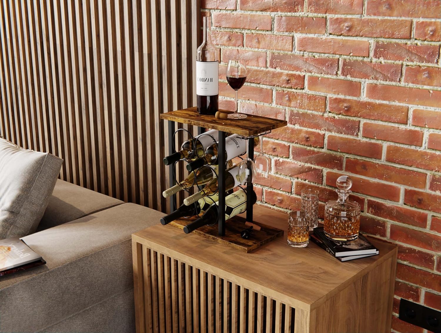 Wine Rack Countertop Wooden & Metal Holder for 6 Bottles & 2 Glasses view 4