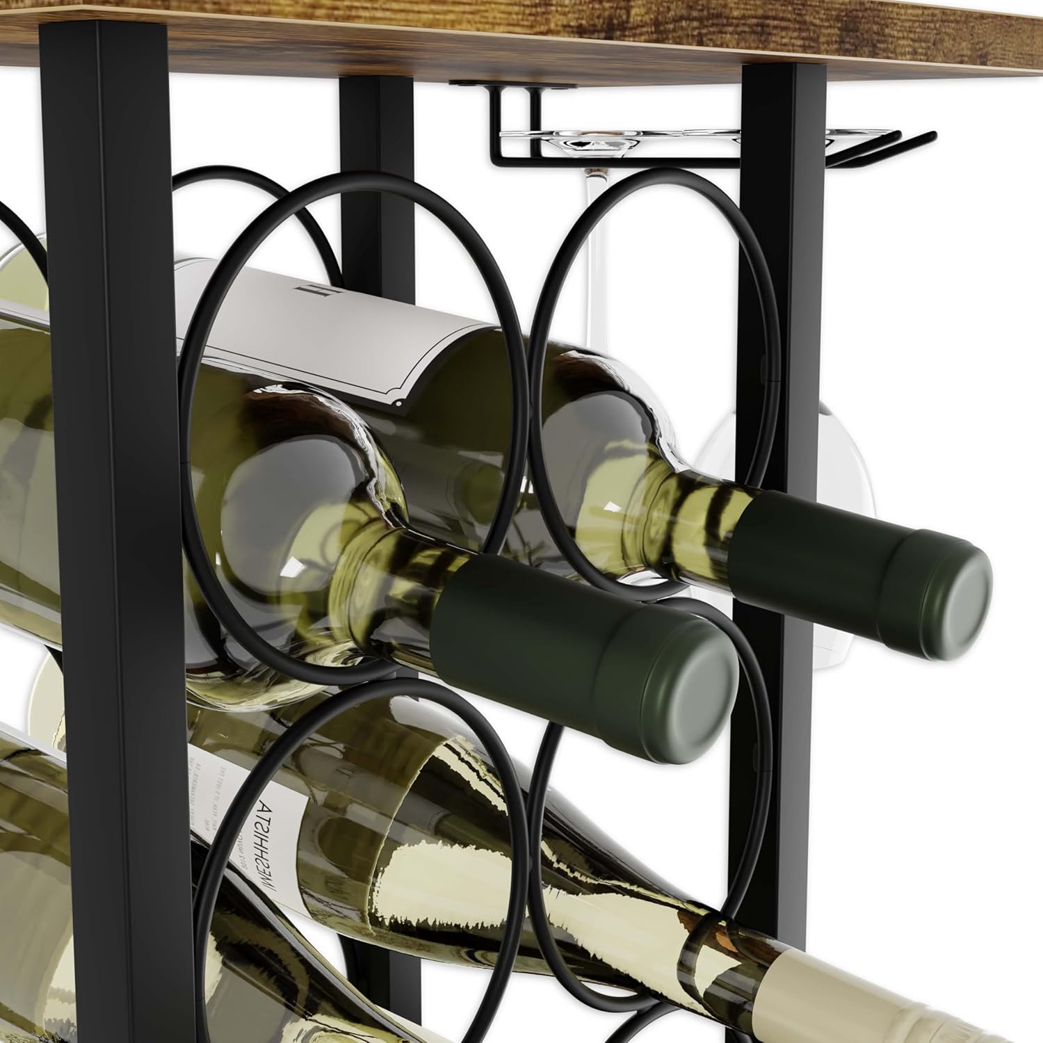 Wine Rack Countertop Wooden & Metal Holder for 6 Bottles & 2 Glasses view 5