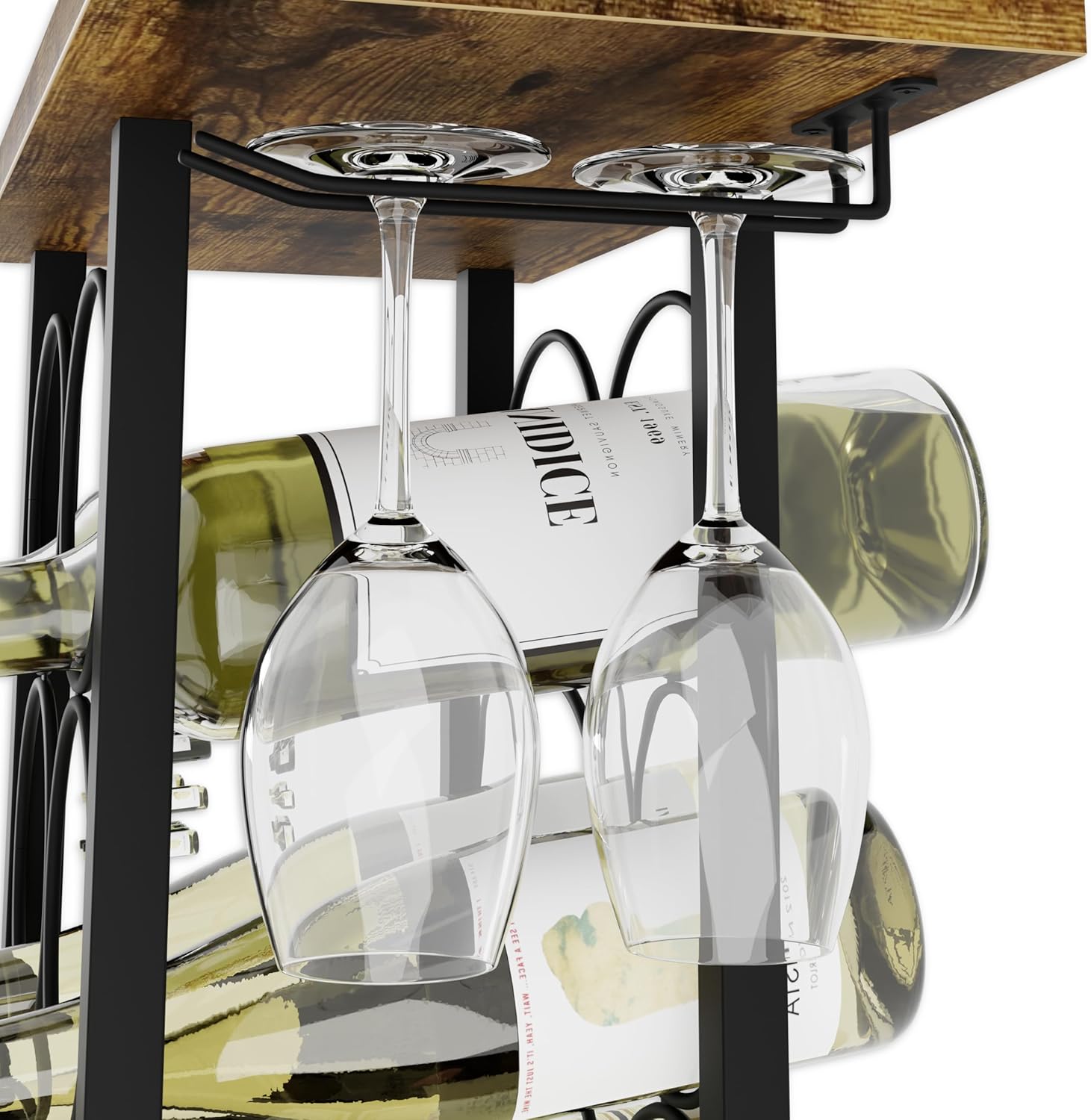 Wine Rack Countertop Wooden & Metal Holder for 6 Bottles & 2 Glasses view 6
