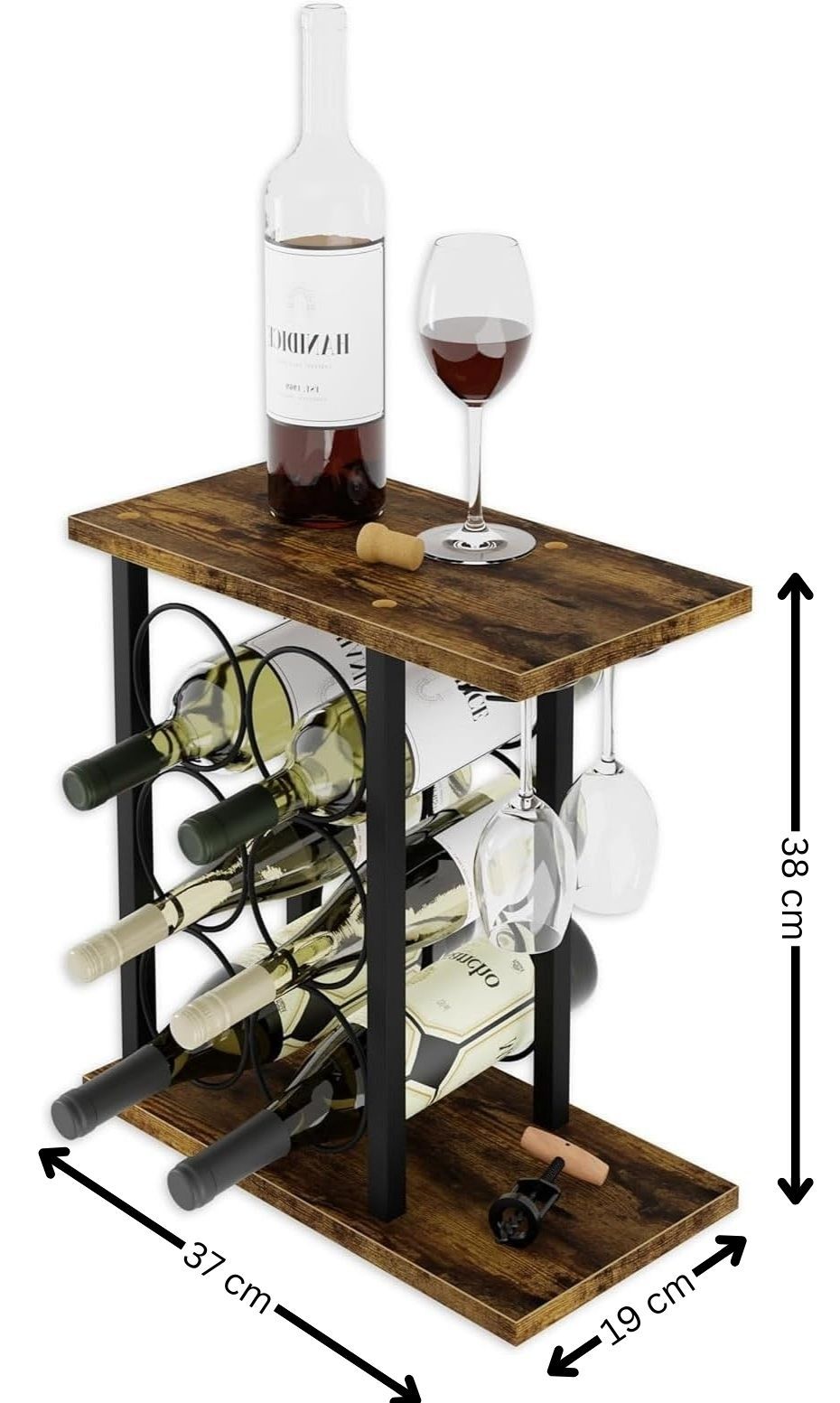 Wine Rack Countertop Wooden & Metal Holder for 6 Bottles & 2 Glasses view 9