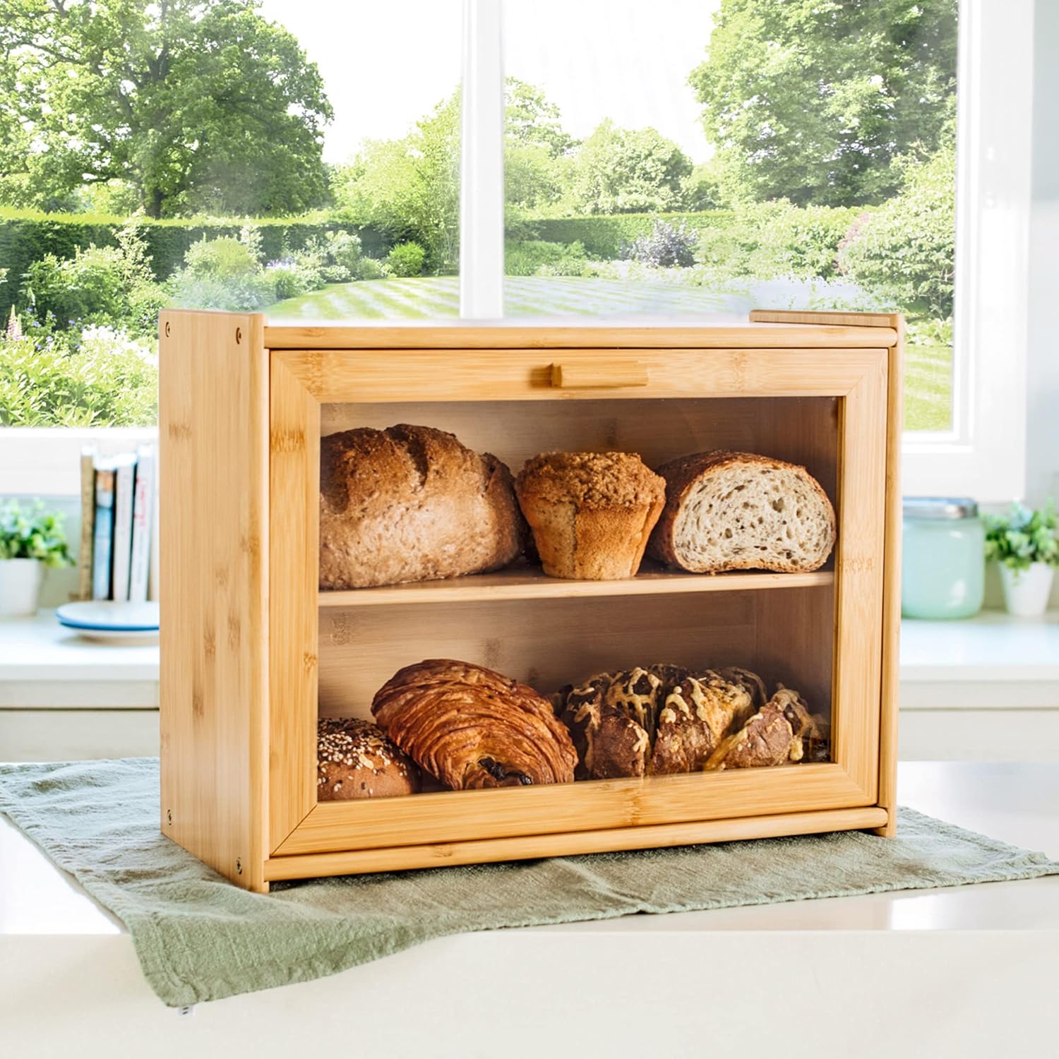 Double Layer Bamboo Bread Box for Kitchen Counter with Large Capacity and view 2