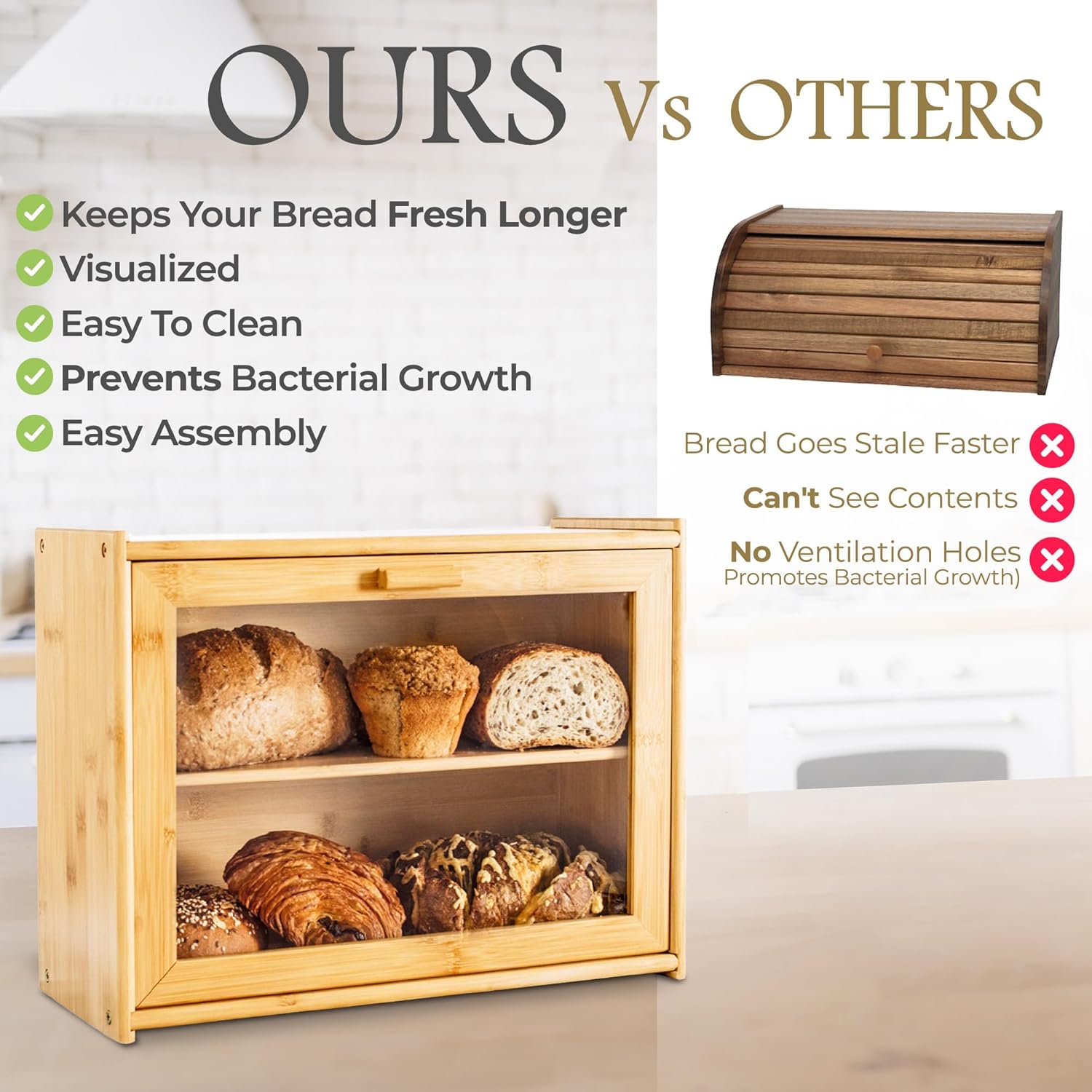 Double Layer Bamboo Bread Box for Kitchen Counter with Large Capacity and view 4