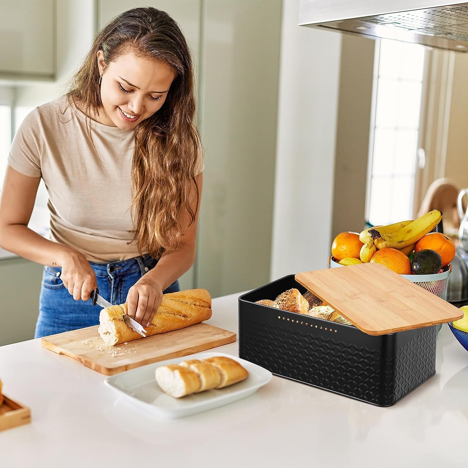 Bread Bin with Bamboo Lid used as Chopping Board for Kitchen Countertop view 6