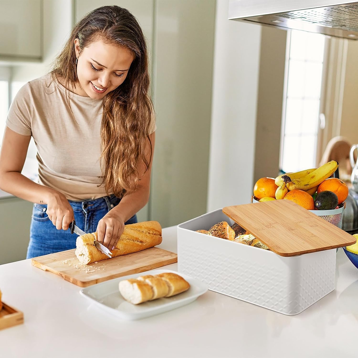 Bread Bin with Bamboo Lid used as Chopping Board for Kitchen Countertop view 6