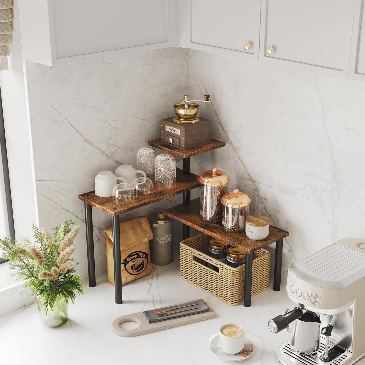 3-Tier Wooden Corner Shelf Kitchen Spice Rack Organiser Home Storage & view 2