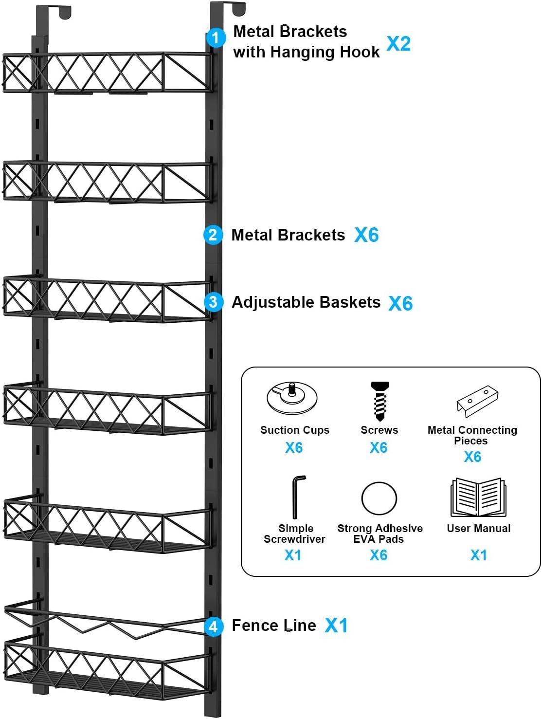 6 Tier Adjustable Baskets Over Door Pantry Organiser for Home Kitchen view 7