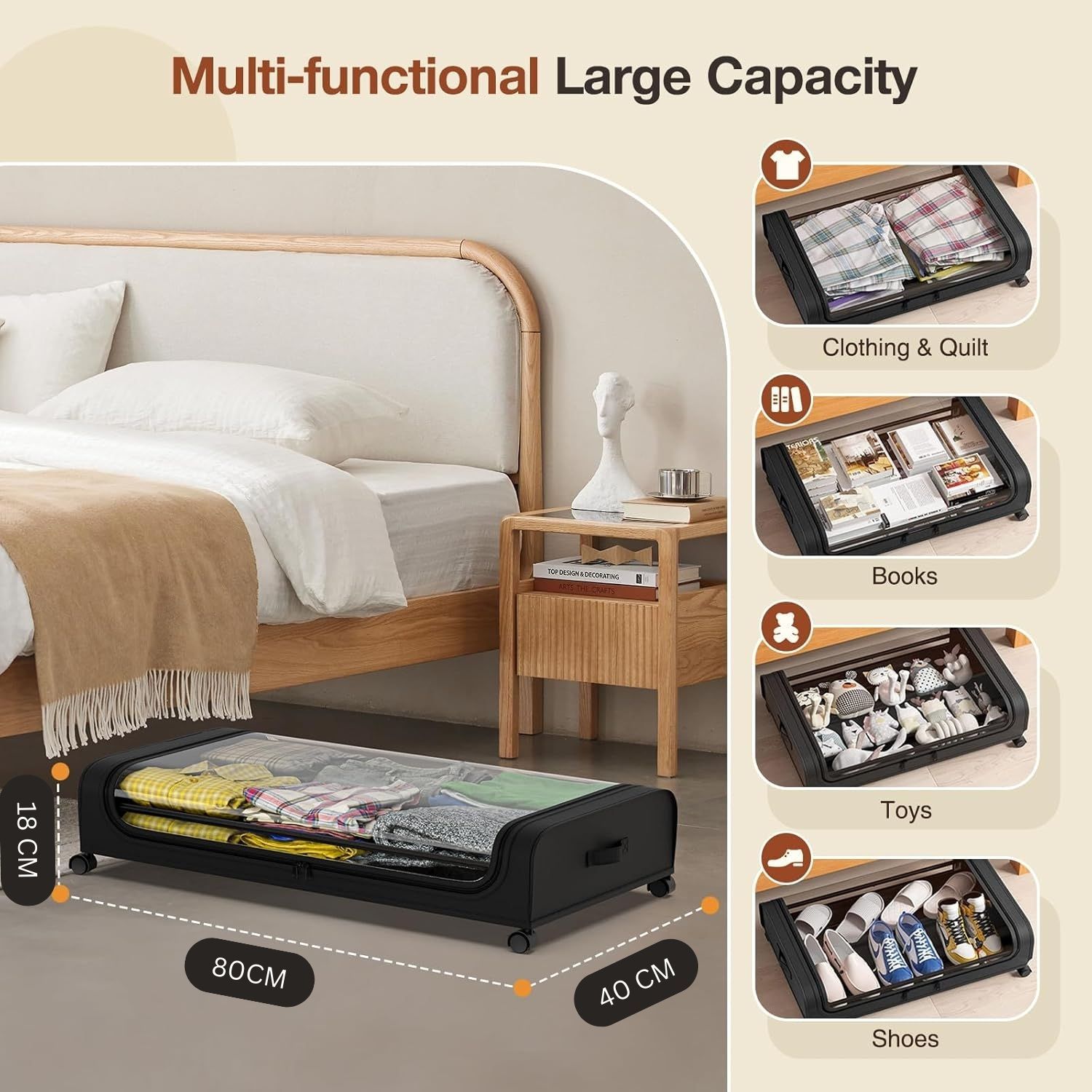 XXL Under Bed Rolling Storage Containers with 50L Large Capacity and Wheels view 3