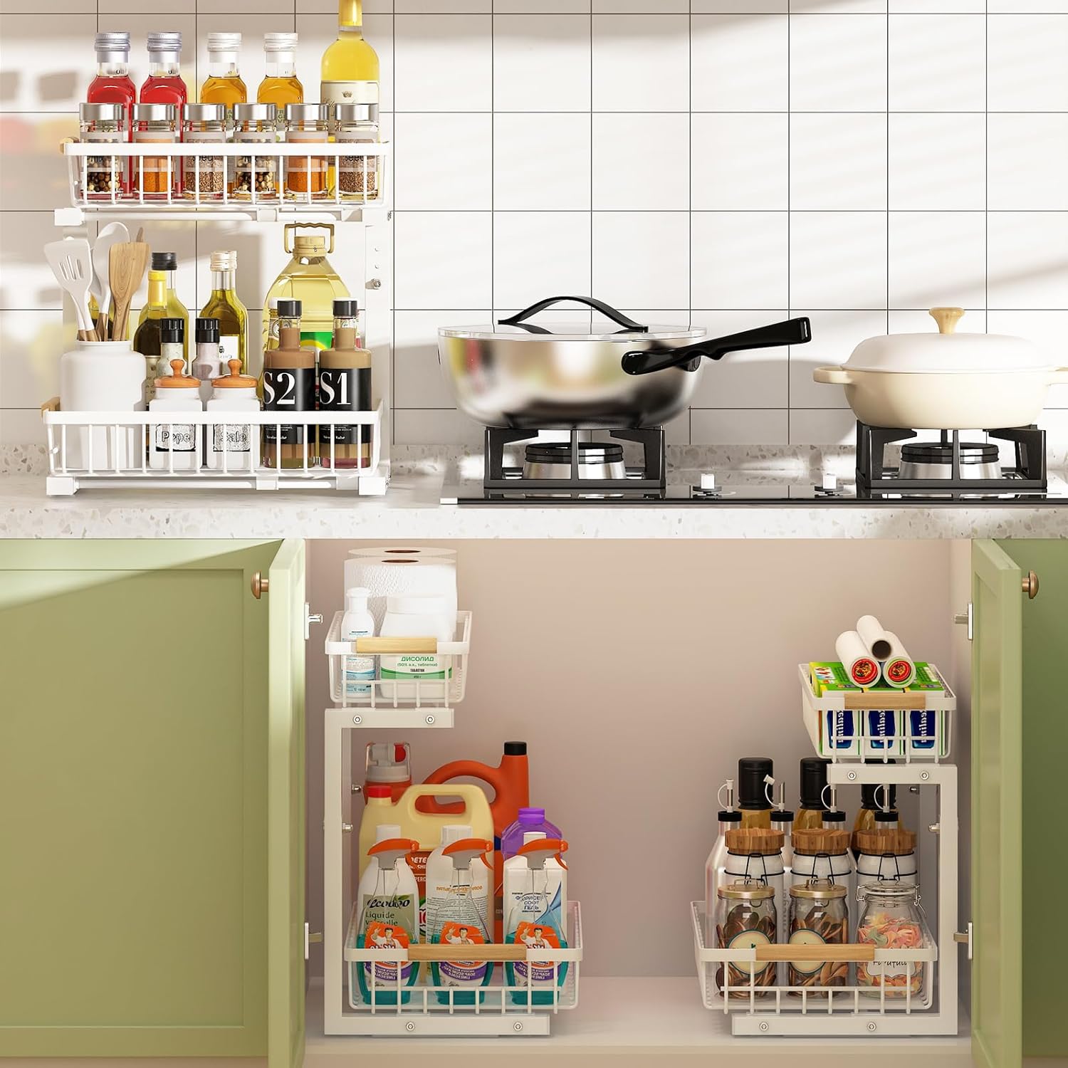 Set 2 pcs - 2-Tier Kitchen Under Sink Organiser Storage with Height Adjustable view 2