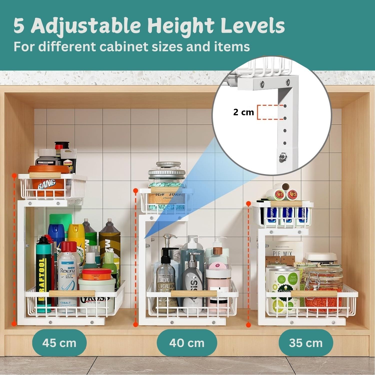 Set 2 pcs - 2-Tier Kitchen Under Sink Organiser Storage with Height Adjustable view 4