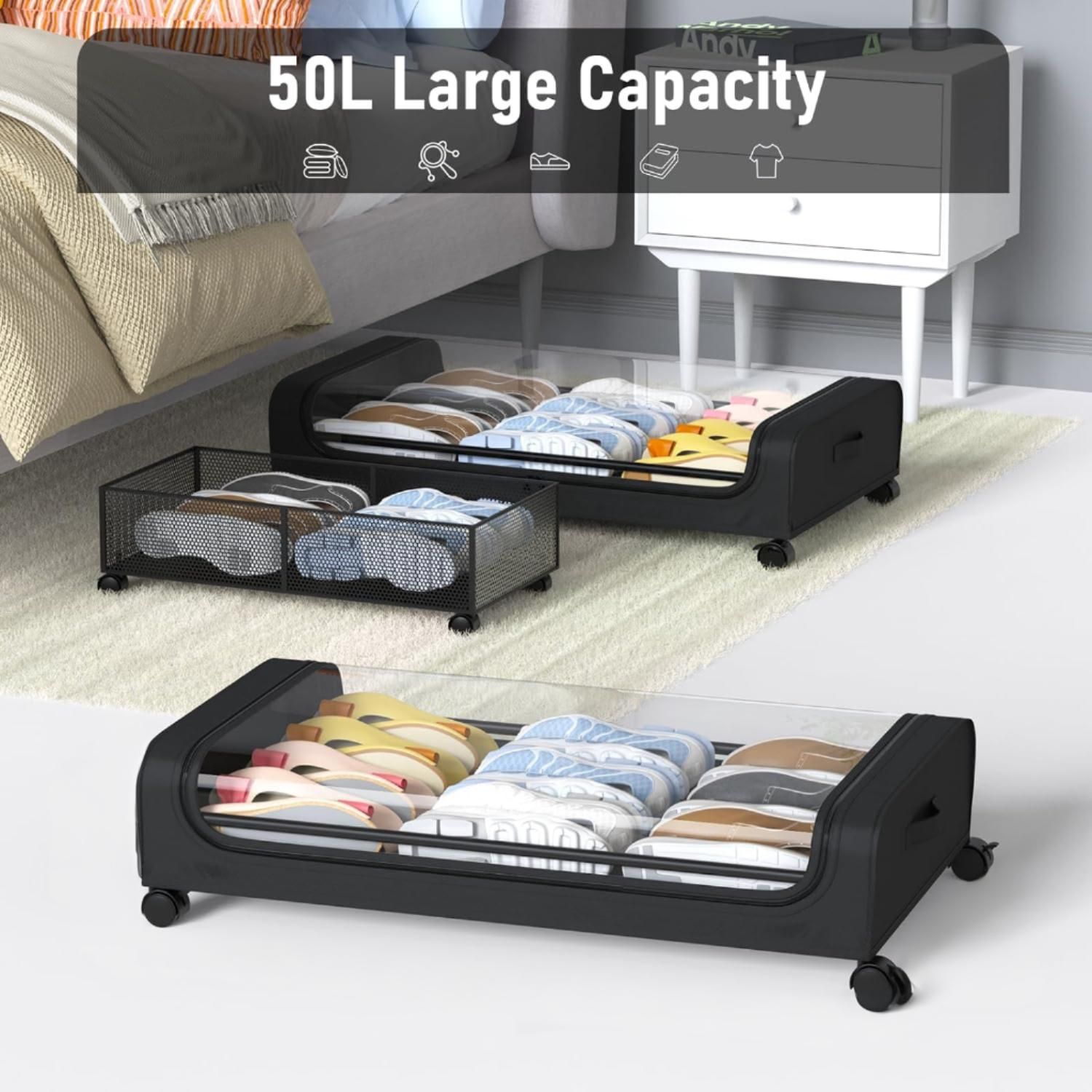 Set 2 Pcs XXL Under Bed Rolling Storage Containers with 50L Large Capacity and view 2