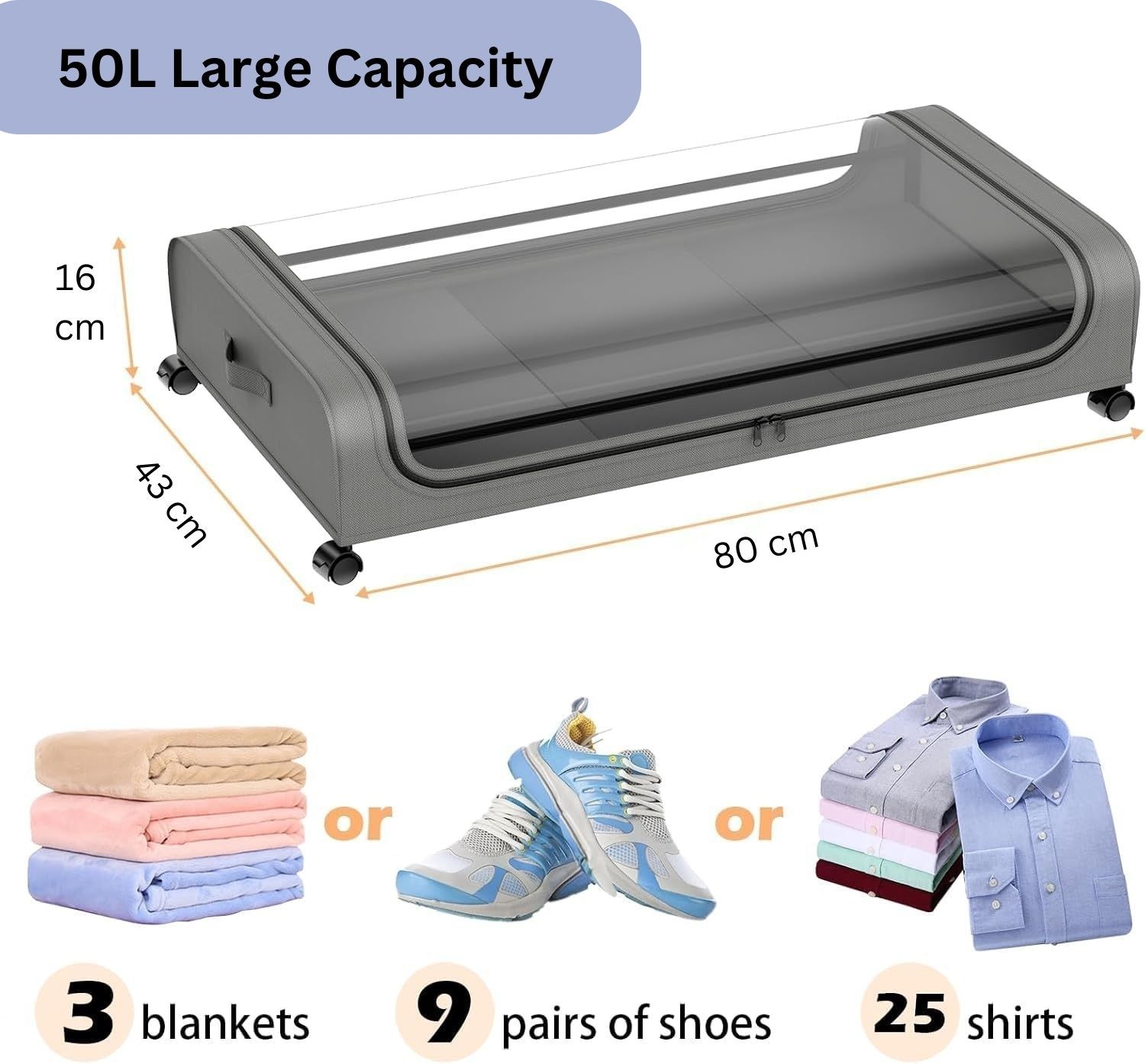 Set 2 Pcs XXL Under Bed Rolling Storage Containers with 50L Large Capacity and view 2