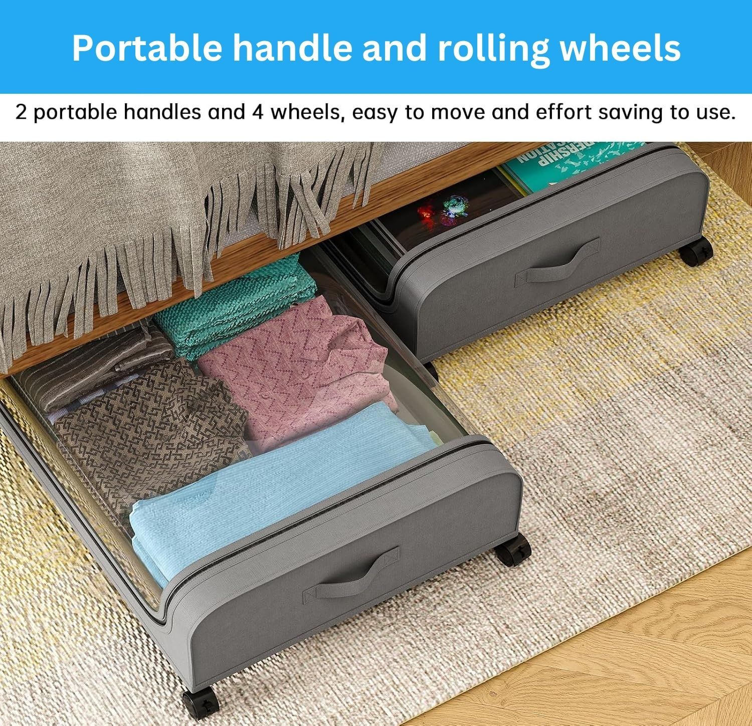 Set 2 Pcs XXL Under Bed Rolling Storage Containers with 50L Large Capacity and view 4