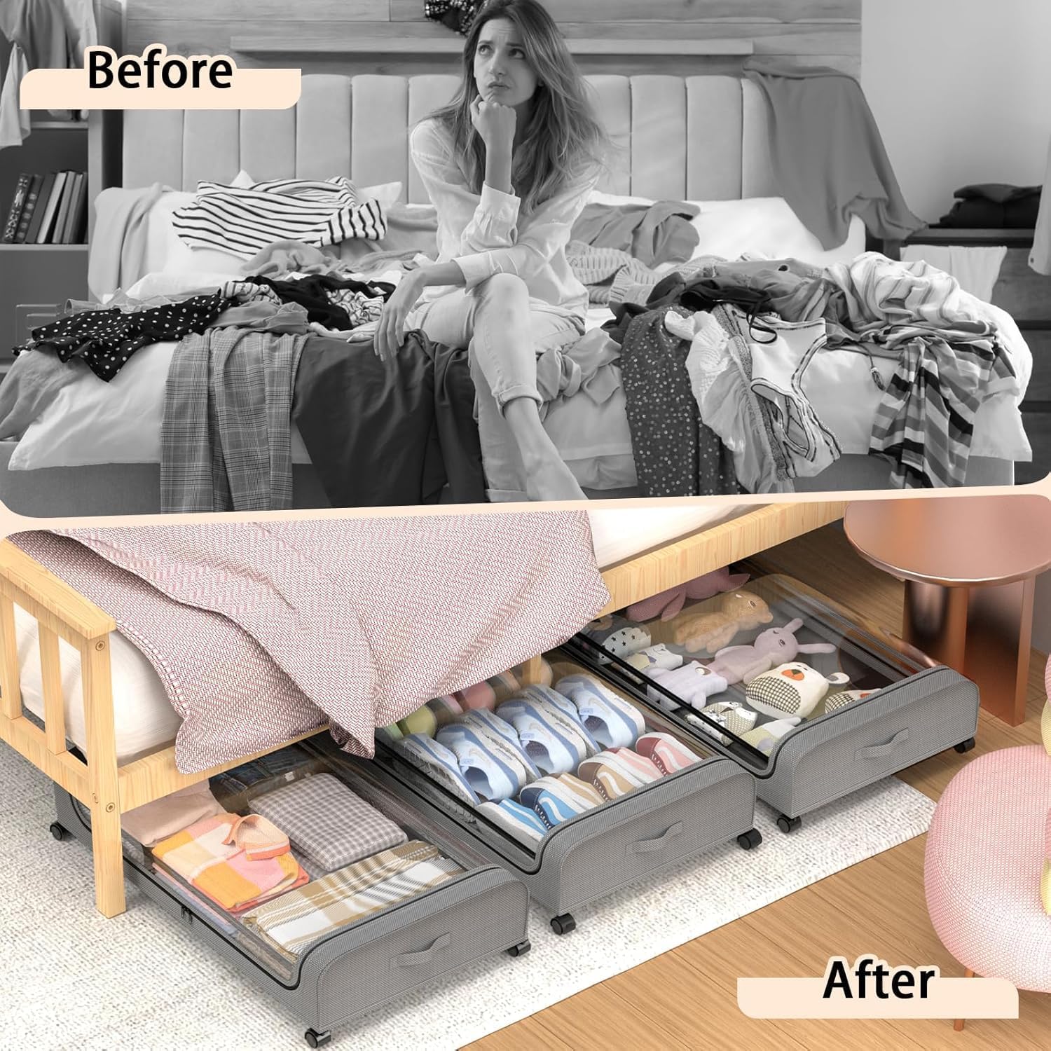 Set 2 Pcs XXL Under Bed Rolling Storage Containers with 50L Large Capacity and view 6